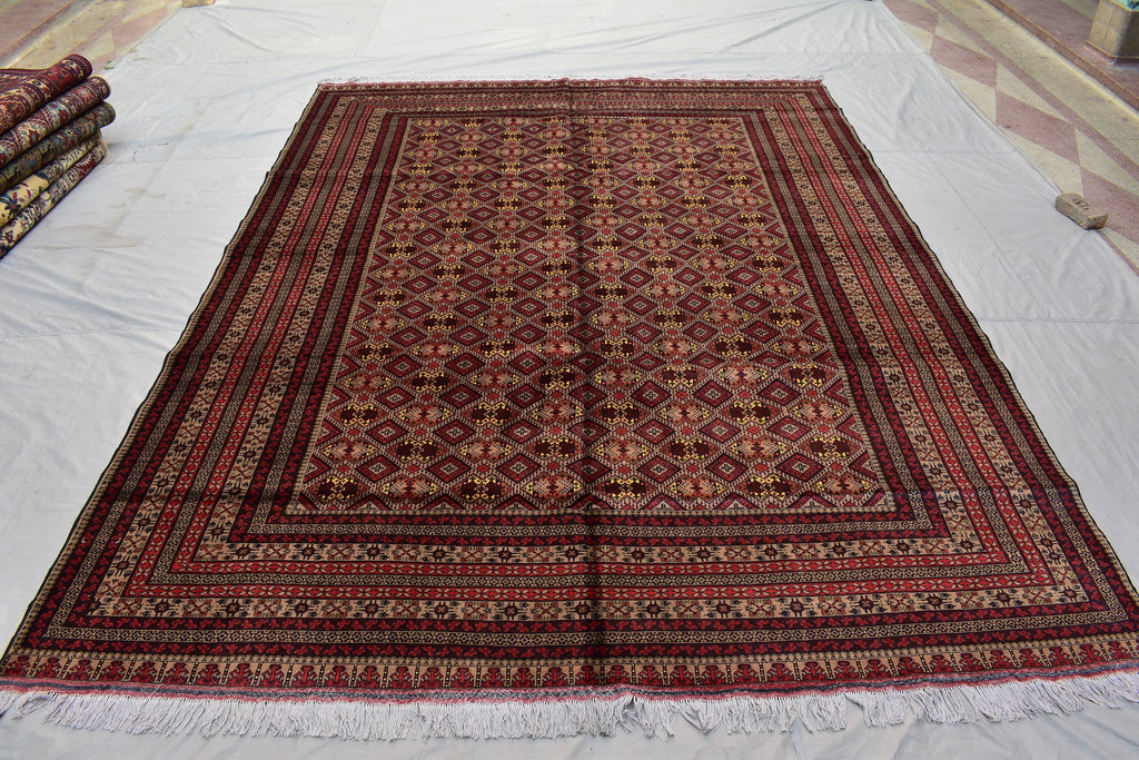 Large Afghan Wool Rug – Handmade Turkmen Wool Carpet |Bokhara Pattern Oriental Rug | Vegetable Dyed Tribal Area Rug, Living Room Rug 10x13ft