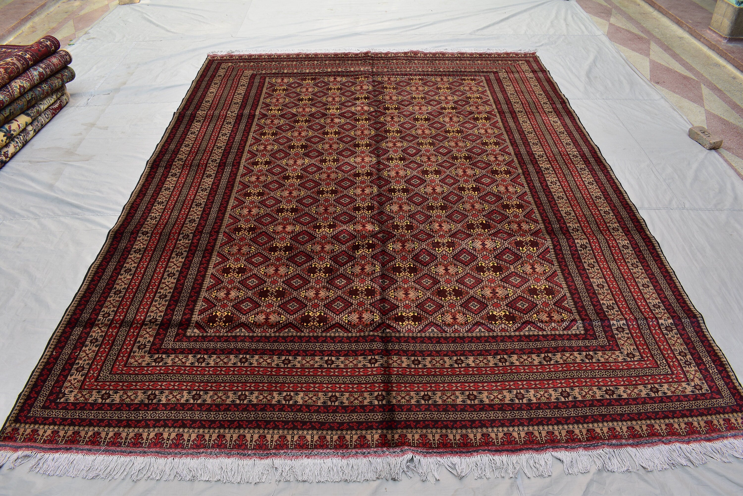 Large Afghan Wool Rug – Handmade Turkmen Wool Carpet |Bokhara Pattern Oriental Rug | Vegetable Dyed Tribal Area Rug, Living Room Rug 10x13ft