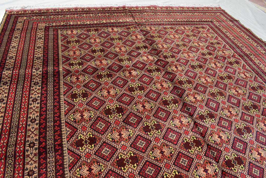 Large Afghan Wool Rug – Handmade Turkmen Wool Carpet |Bokhara Pattern Oriental Rug | Vegetable Dyed Tribal Area Rug, Living Room Rug 10x13ft