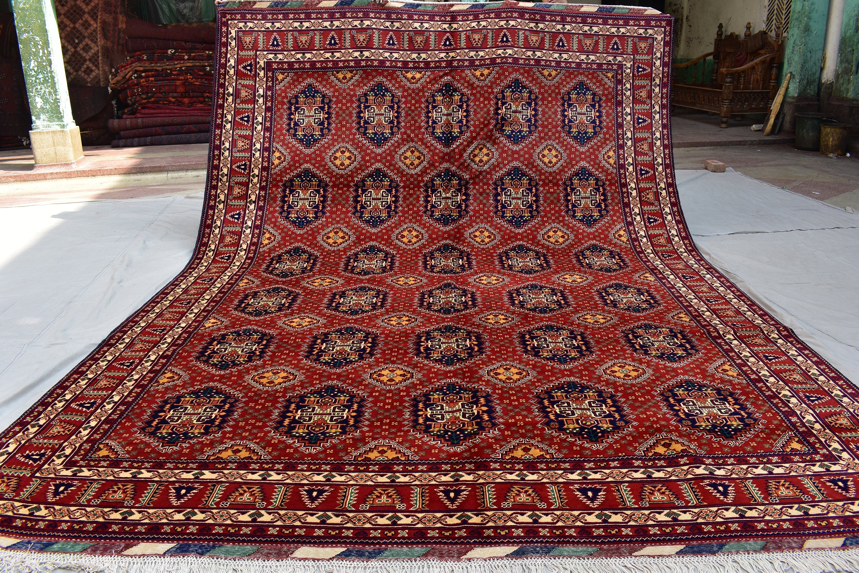 11.9 x 8.5 Ft Top Quality Large Handmade Rug Large Afghan Rug Turkmen Bukhara Rug Samarqant rug Living Room Area Rug Oriental Rug