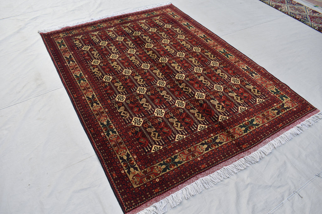 5x7Ft, Afghan Geometric Wool Rug – Hand-Knotted Turkmen Area Carpet, Oriental Living Room or Dining Room Rug, Boho Area Rug 200x150 cm