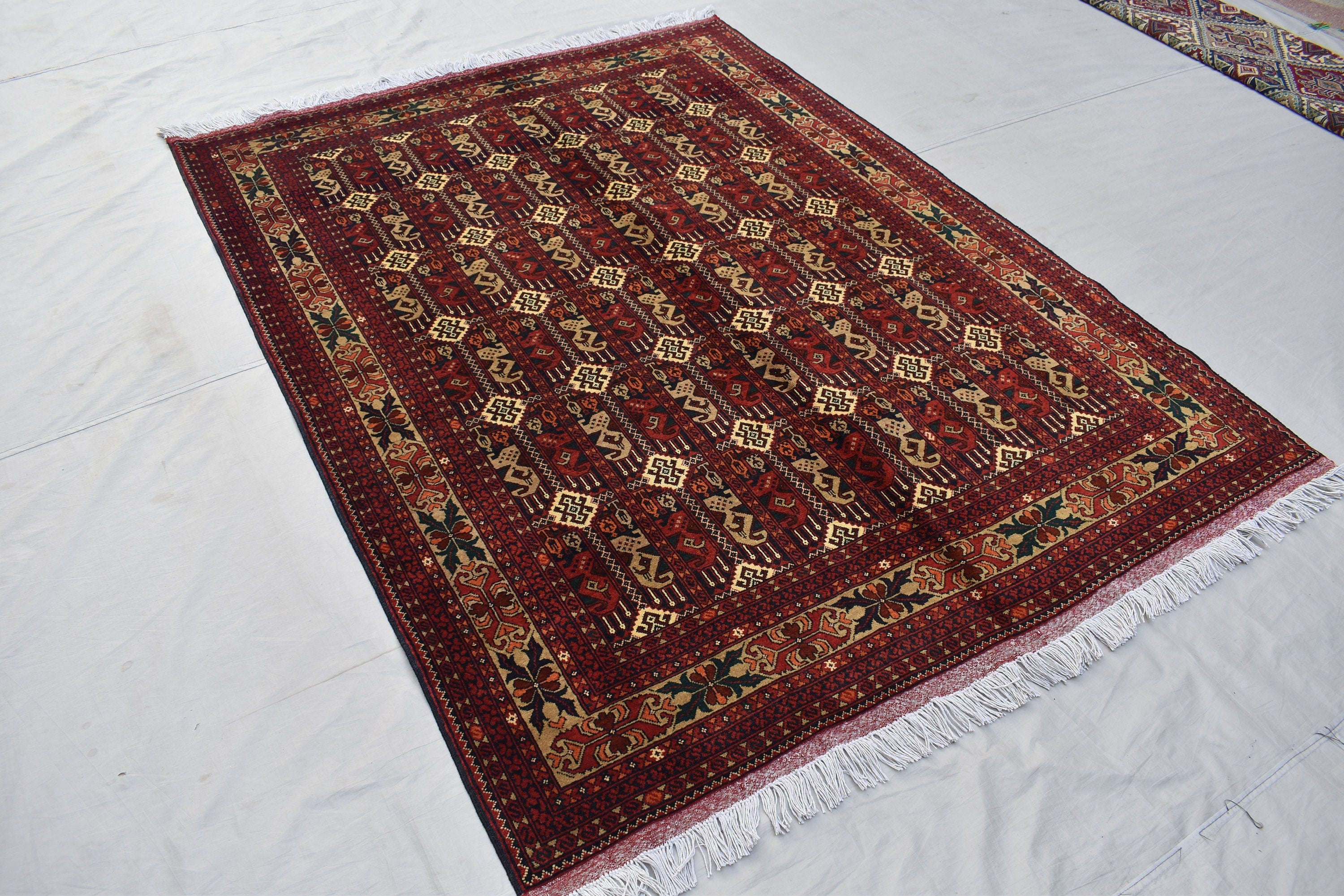 5x7Ft, Afghan Geometric Wool Rug – Hand-Knotted Turkmen Area Carpet, Oriental Living Room or Dining Room Rug, Boho Area Rug 200x150 cm