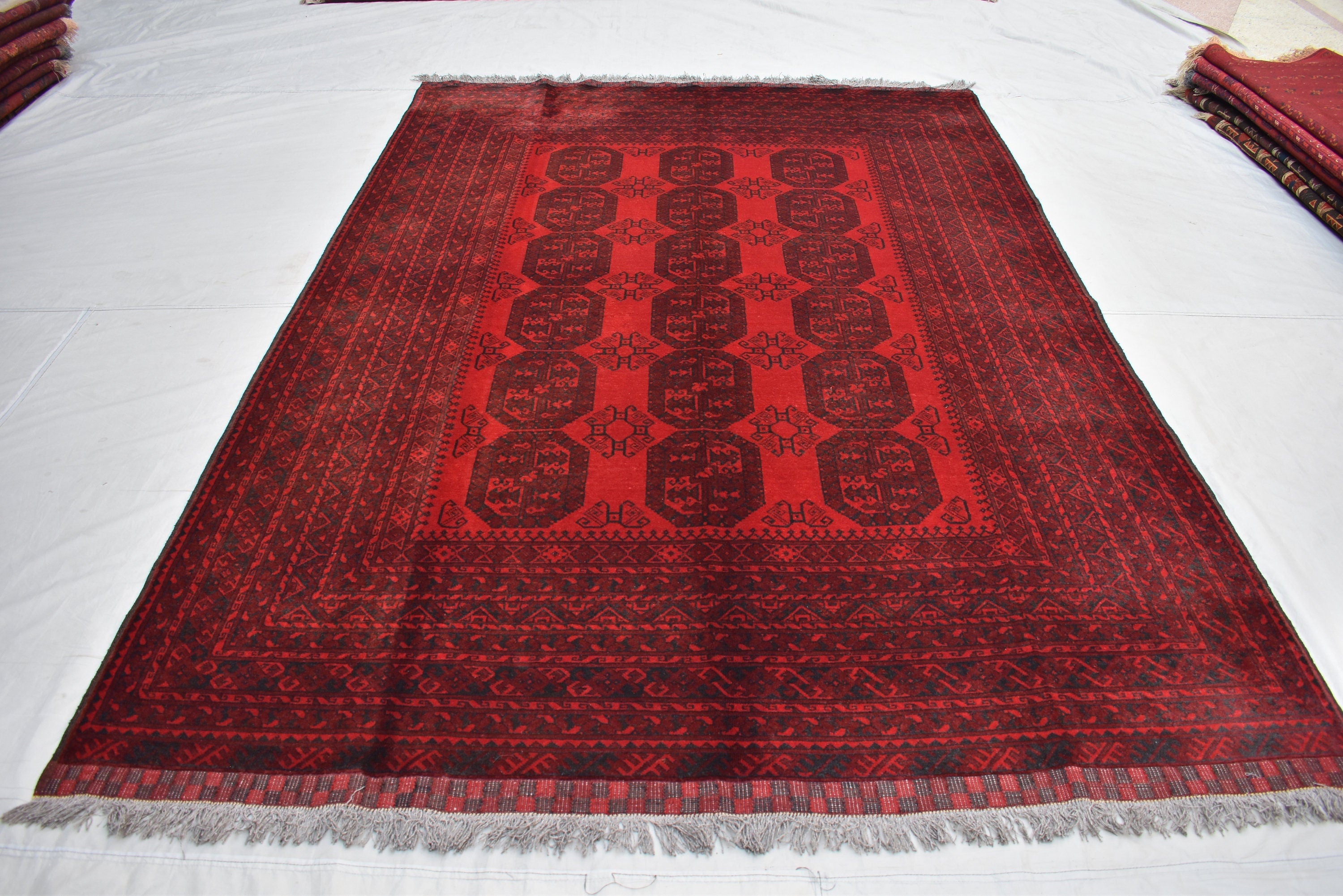 10x7 Afghan Elephant Foot Print Vintage Rug Turkmen, Geometric Pattern, Bedroom Rug, Handwoven Afghan Wool Rug, Living Room Rug, 9.9x6.7 ft