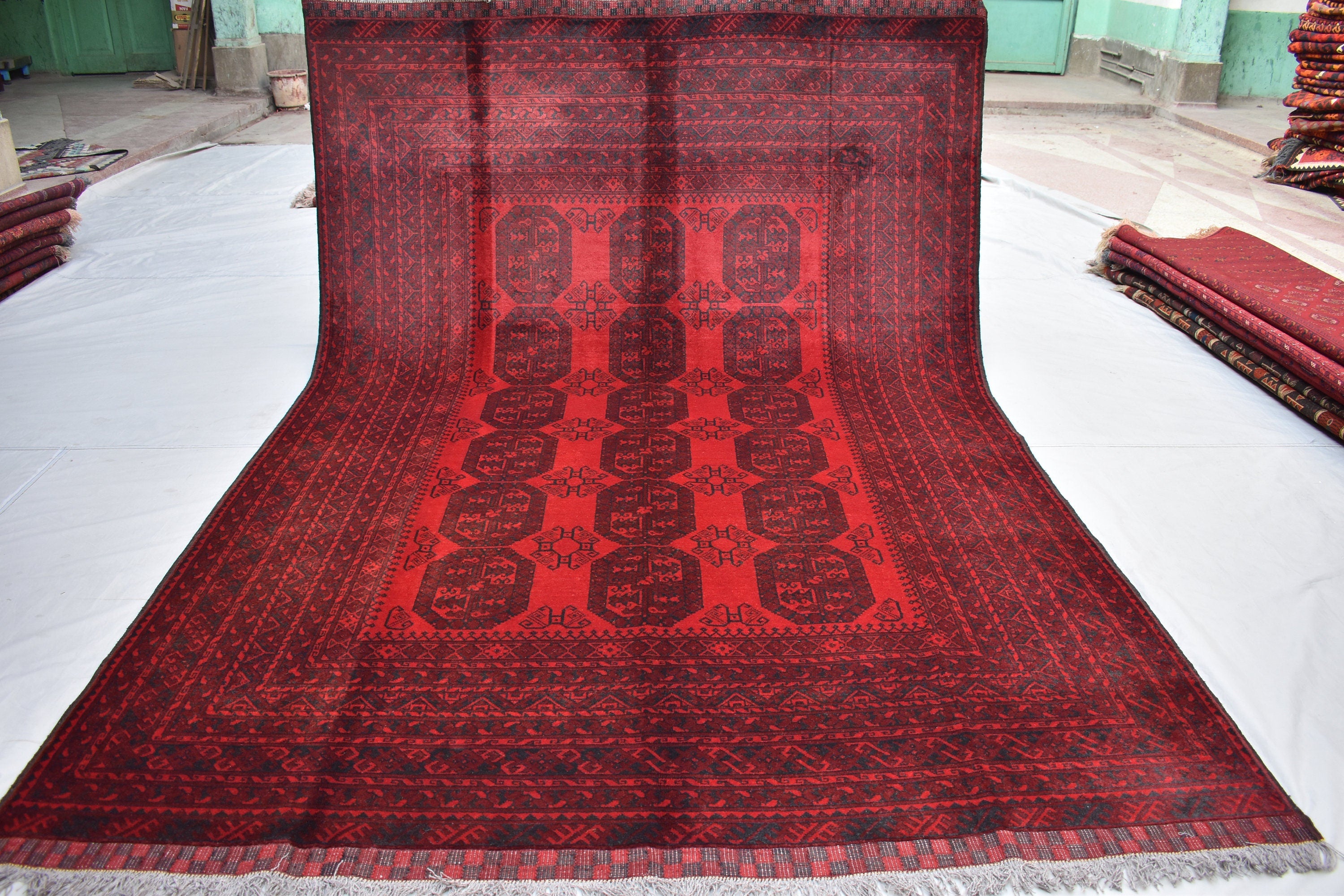 10x7 Afghan Elephant Foot Print Vintage Rug Turkmen, Geometric Pattern, Bedroom Rug, Handwoven Afghan Wool Rug, Living Room Rug, 9.9x6.7 ft