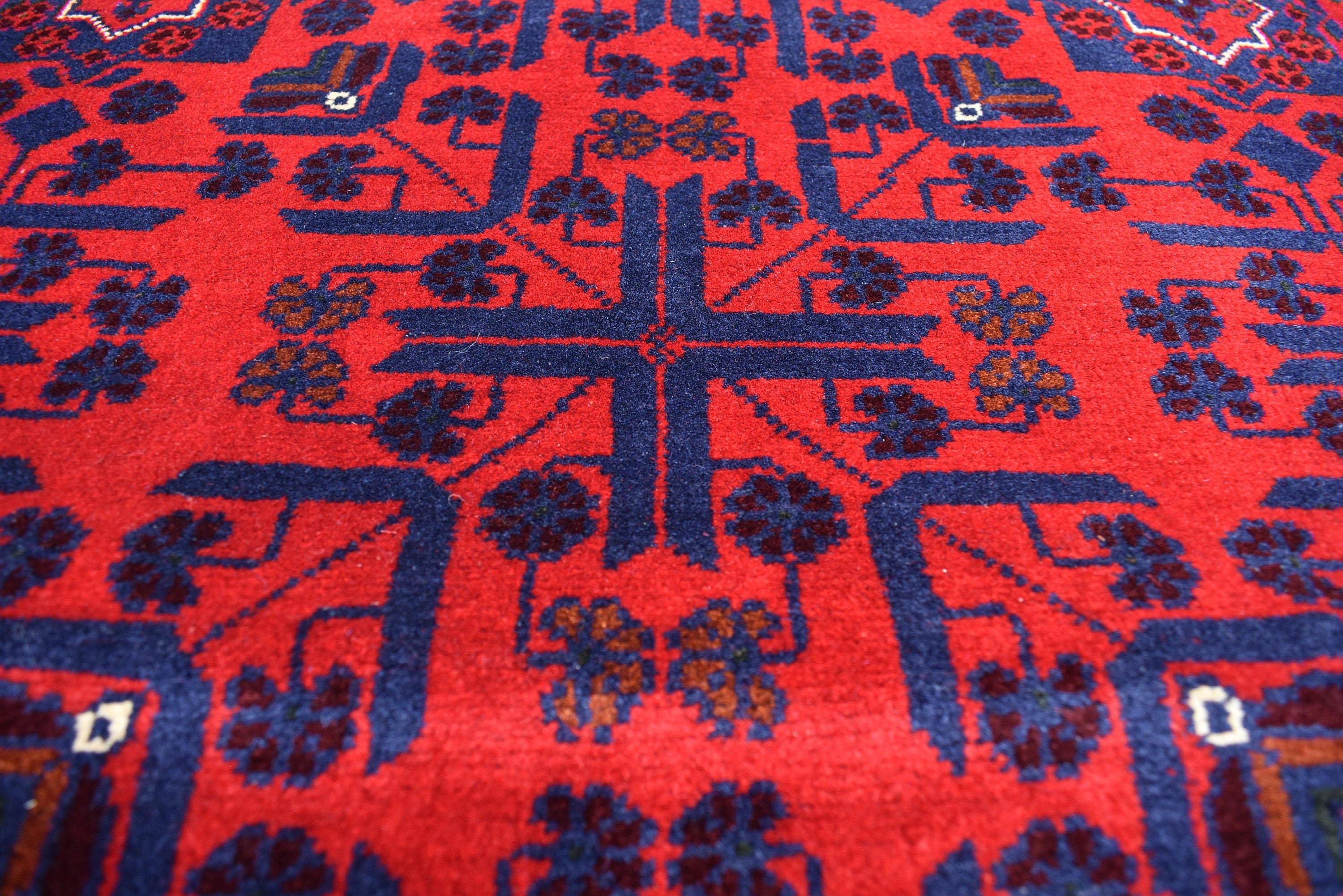 8x11 Hand-knotted Afghan Tribal Traditional Bukhara Pattern Rug, Rich Red and Navy Blue Rug, Perfect for Living Room, Bedroom Rug, 11.5x8.1