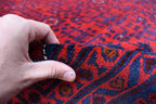 8x11 Hand-knotted Afghan Tribal Traditional Bukhara Pattern Rug, Rich Red and Navy Blue Rug, Perfect for Living Room, Bedroom Rug, 11.5x8.1