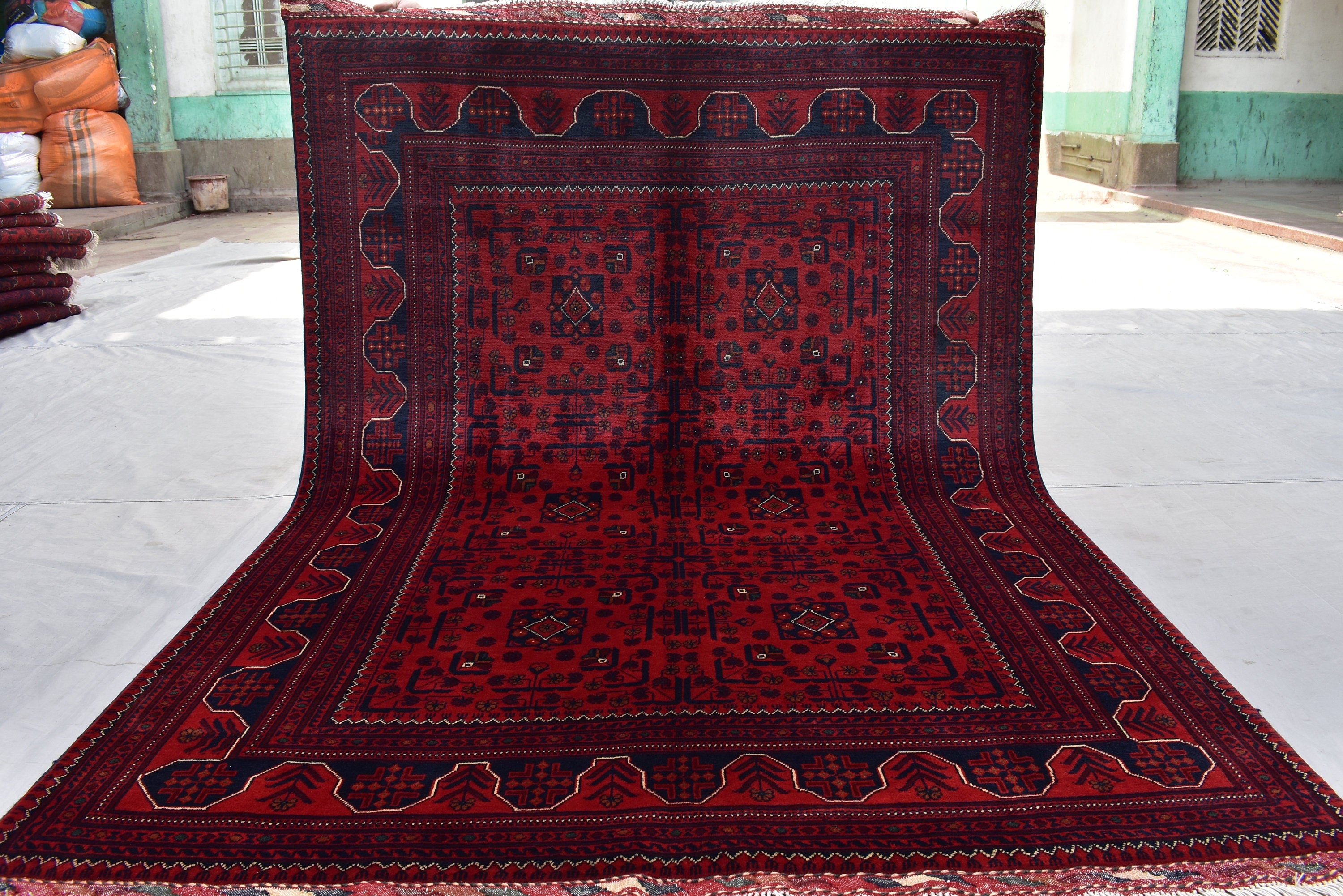 6.11 x4.10 Ft Afghan Bukhara Rug, Afghan Handmade Wool Rug, Oriental Turkoman Hand-knotted Wool Rug, Living Room Rug, Bedroom Rug Afghan Rug