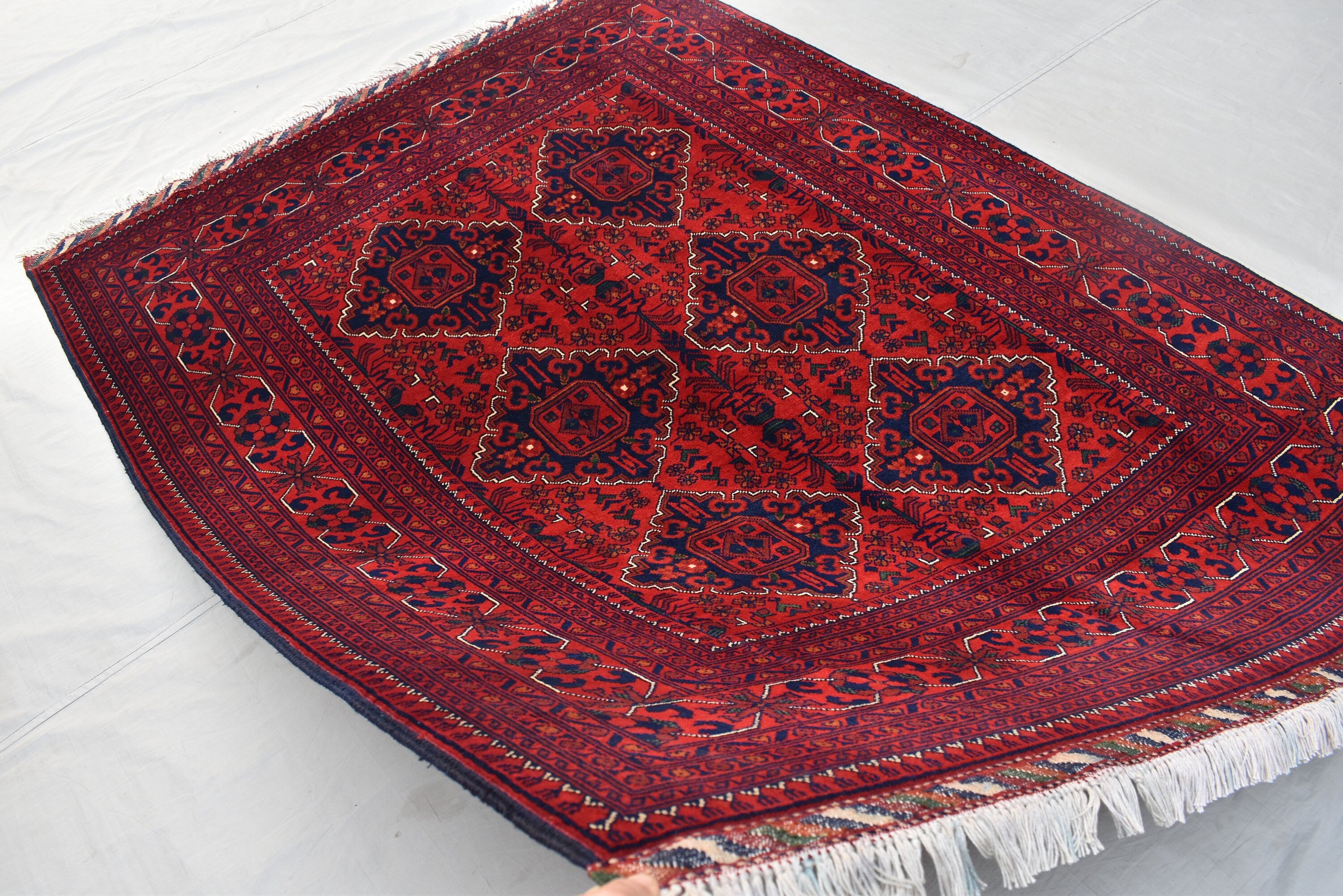 5x7 Handmade Bukhara Afghan Rug–Rich Red & Navy Blue Tribal Design, Premium Wool, Traditional Floor Carpet, Boho Living Room Decor 6.11x5.1