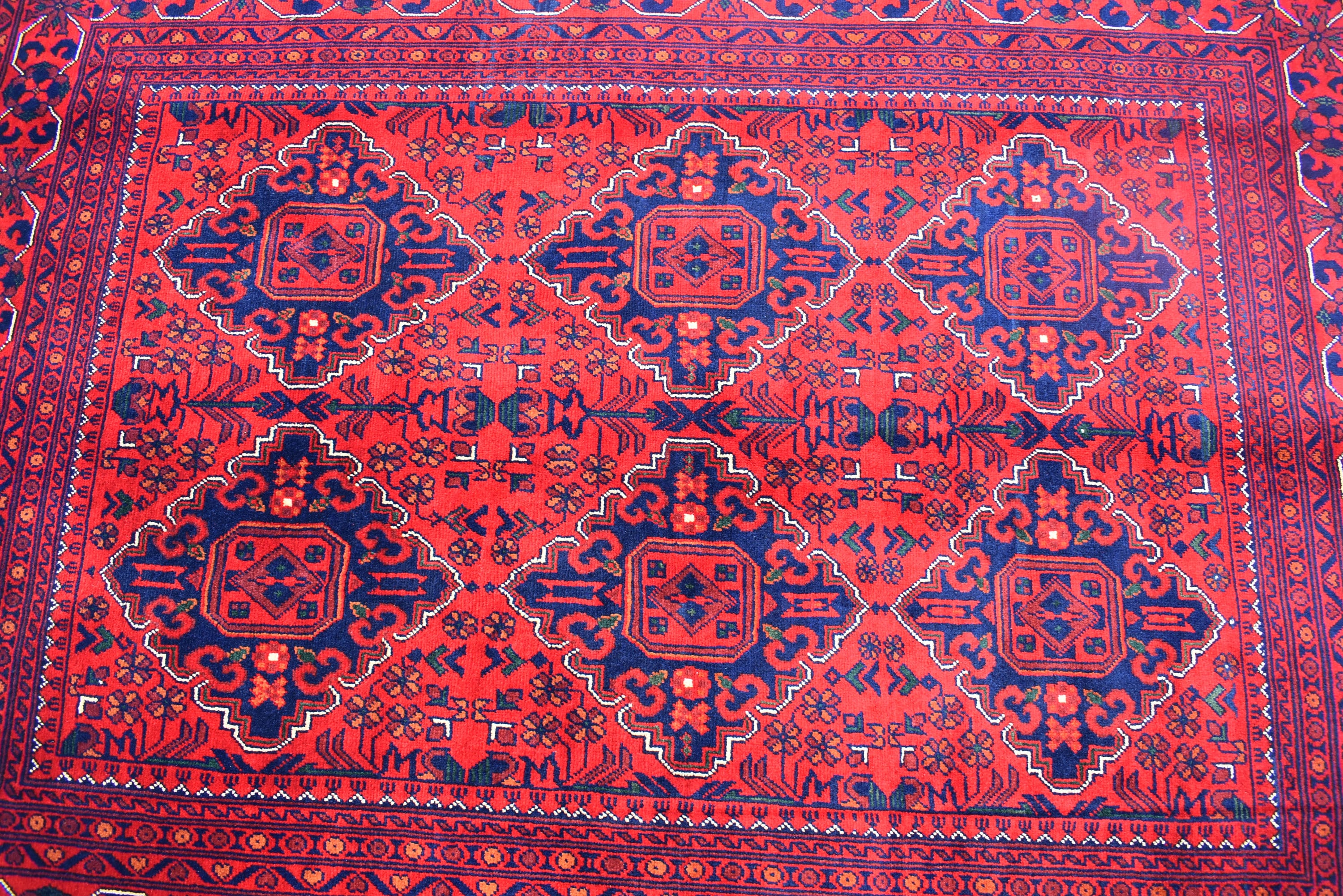 5x7 Handmade Bukhara Afghan Rug–Rich Red & Navy Blue Tribal Design, Premium Wool, Traditional Floor Carpet, Boho Living Room Decor 6.11x5.1