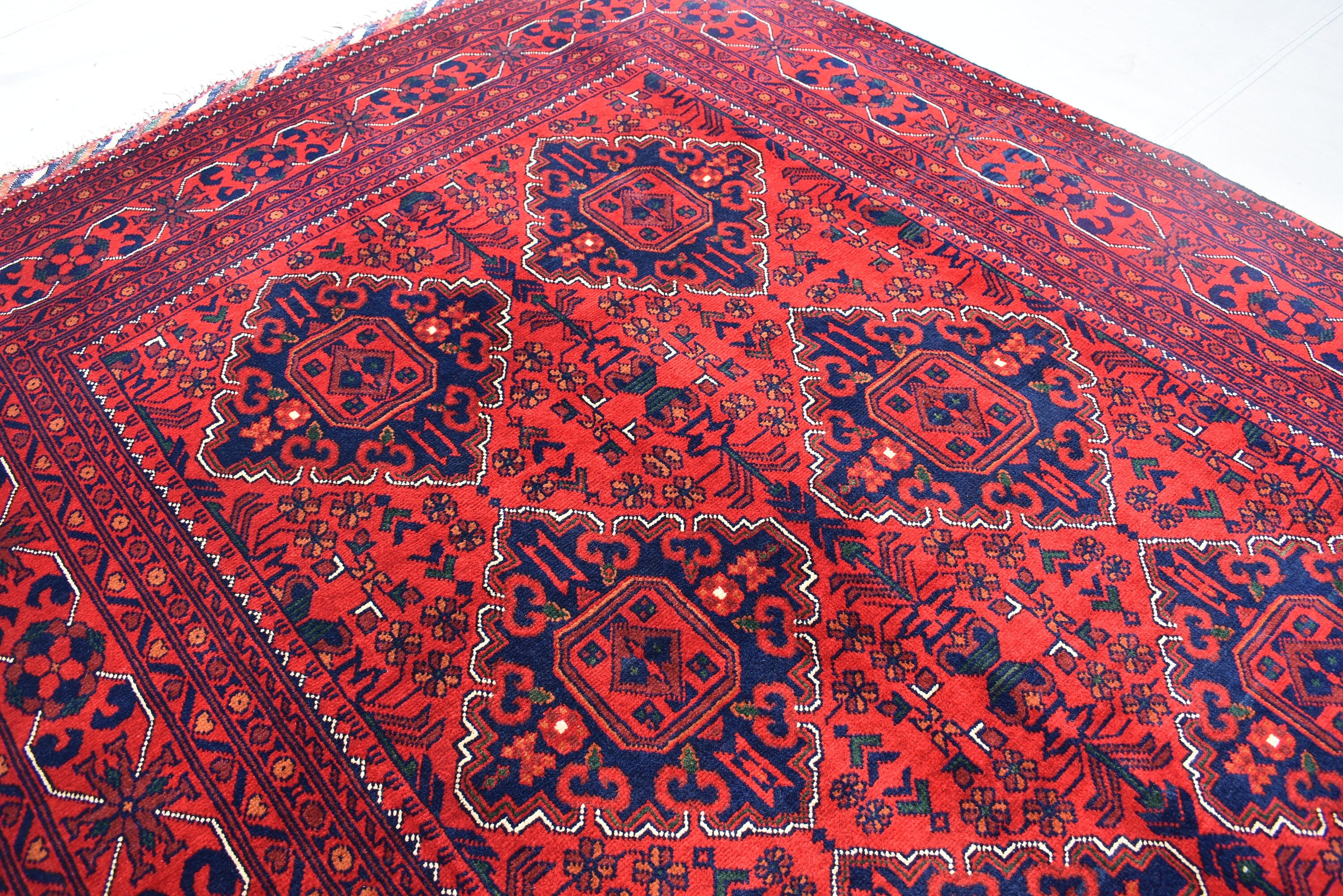5x7 Handmade Bukhara Afghan Rug–Rich Red & Navy Blue Tribal Design, Premium Wool, Traditional Floor Carpet, Boho Living Room Decor 6.11x5.1