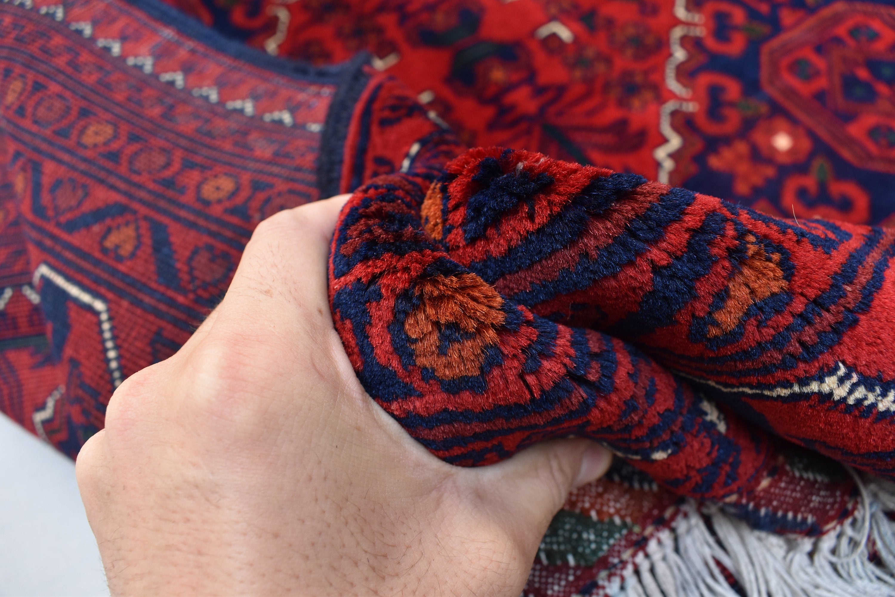 5x7 Handmade Bukhara Afghan Rug–Rich Red & Navy Blue Tribal Design, Premium Wool, Traditional Floor Carpet, Boho Living Room Decor 6.11x5.1