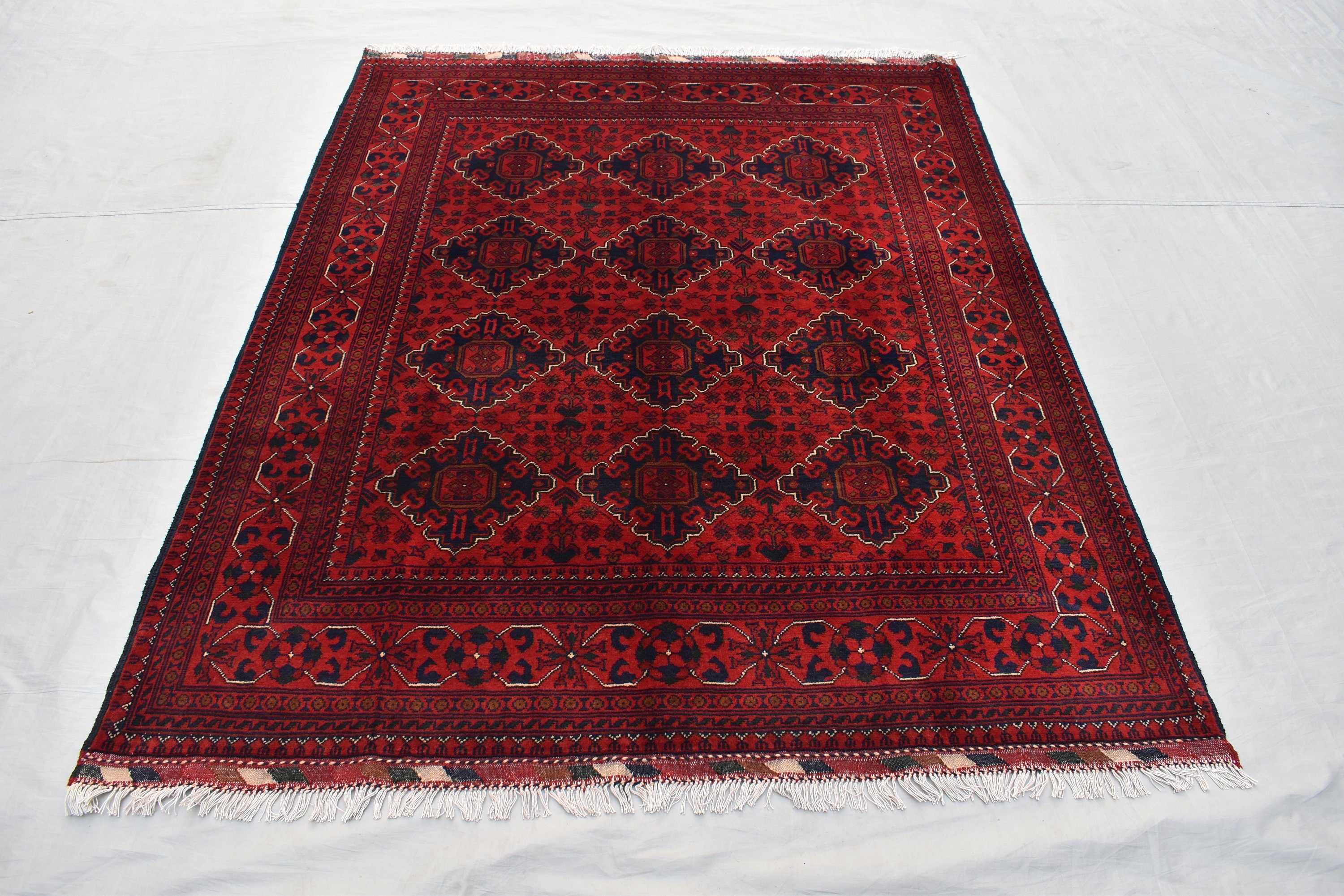 5x7 Bukhara Rug 6.10x4.10 Ft Handwoven Wool, Traditional Red & Blue Carpet, Boho Home Decor, Living Room Rug, Office Rug, Bedroom Rug
