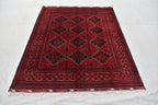 Handwoven Wool Bukhara Rug: 6.10x4.10 Ft Red & Blue Geometric Carpet