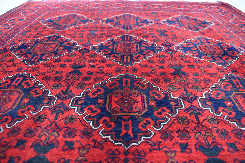 Handwoven Wool Bukhara Rug: 6.10x4.10 Ft Red & Blue Geometric Carpet