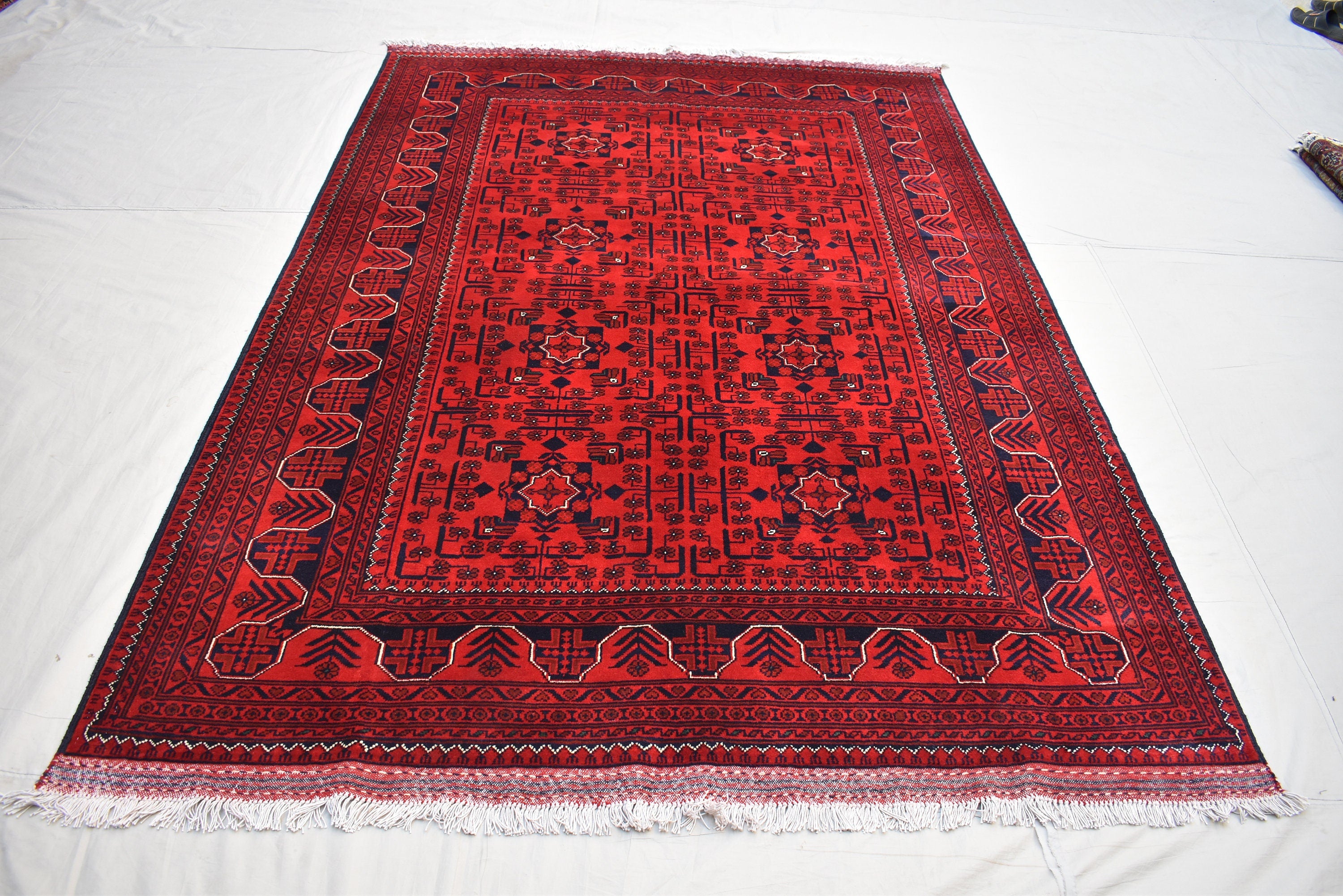 6x8 Bokhara Rug – Turkmen Afghan Handmade Wool Area Carpet, 100% Wool, Vegetable Dyed, Bukhara Pattern Oriental Rug on Sale, Bedroom Rug
