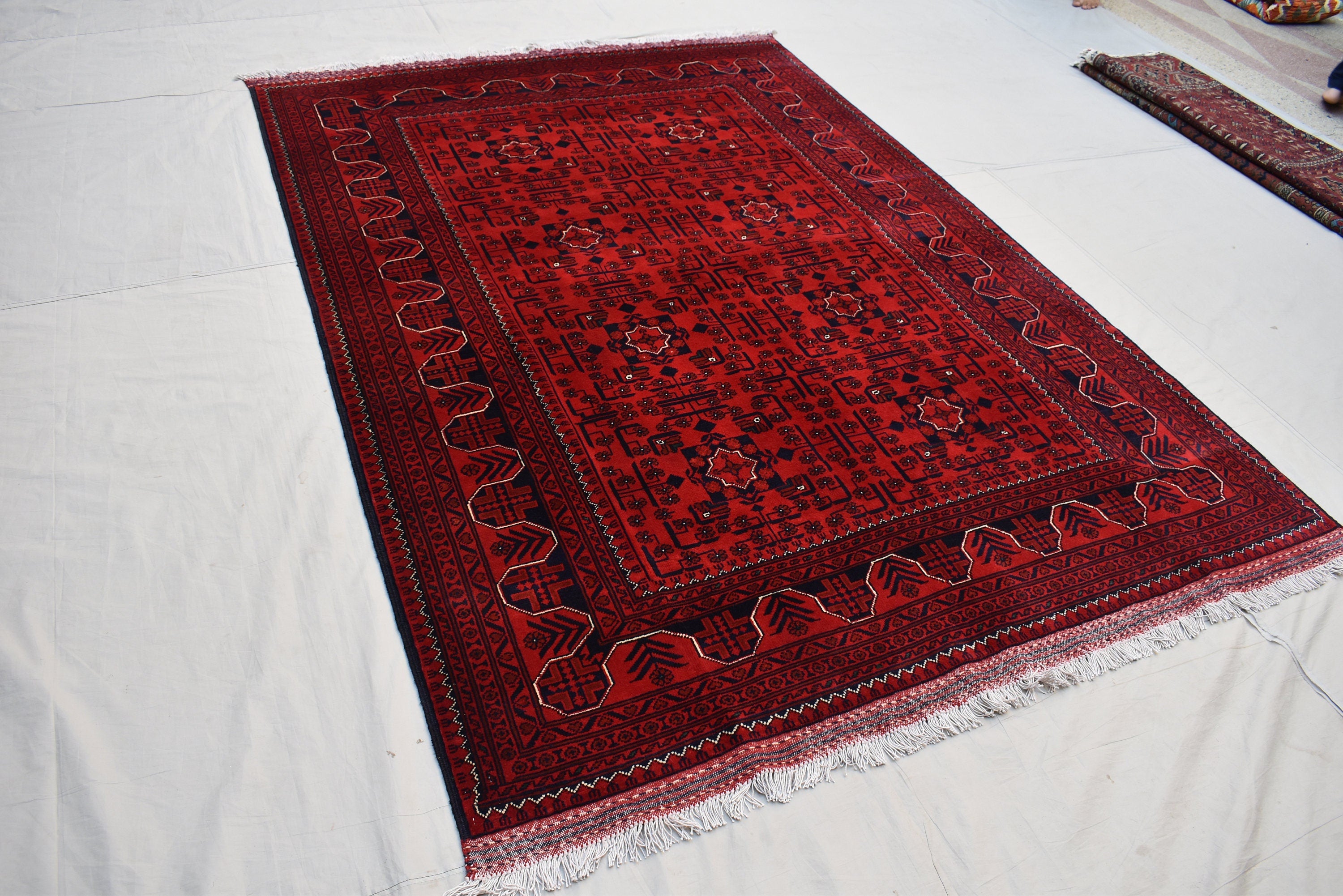 6x8 Bokhara Rug – Turkmen Afghan Handmade Wool Area Carpet, 100% Wool, Vegetable Dyed, Bukhara Pattern Oriental Rug on Sale, Bedroom Rug
