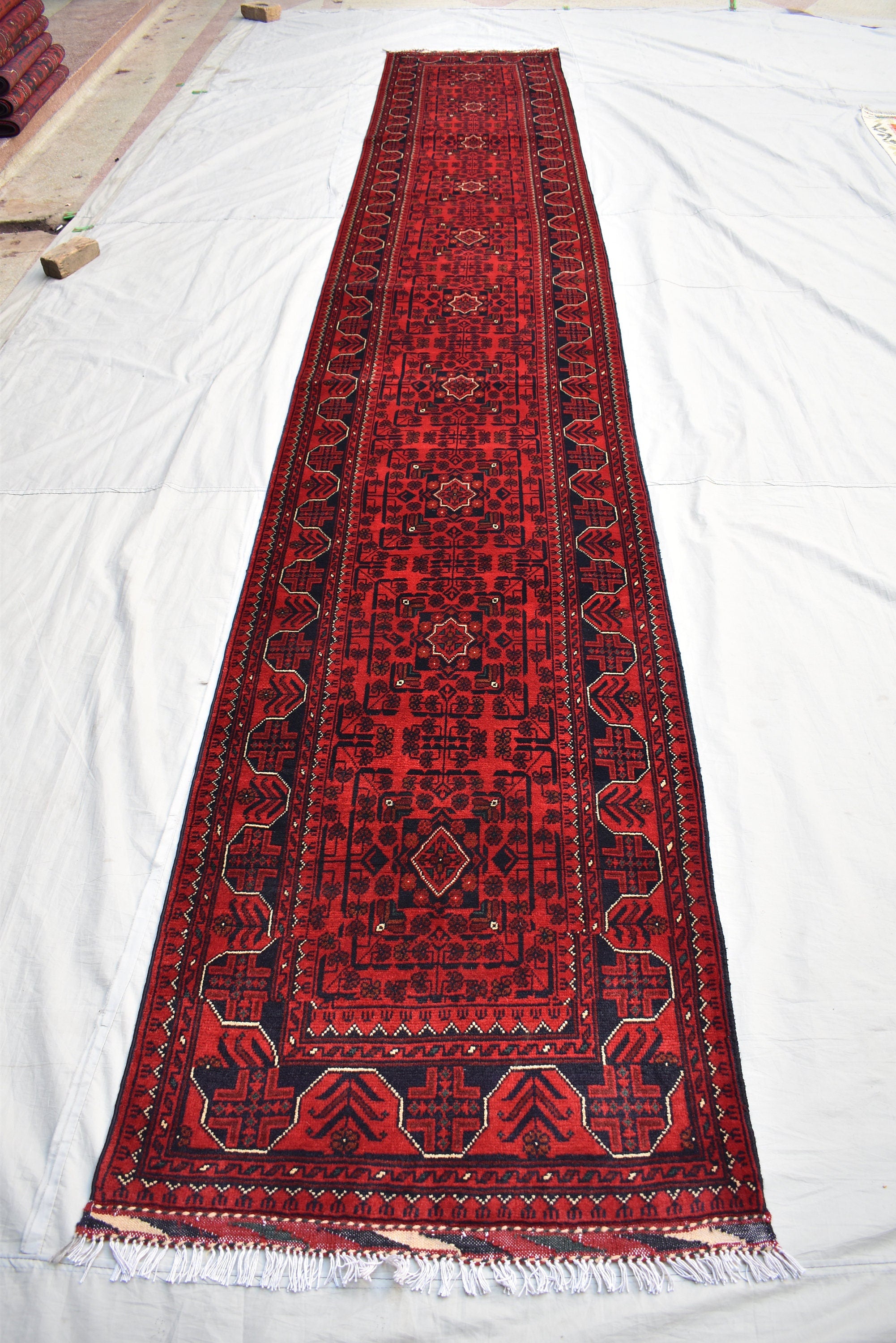 16ft Afghan Khal Mohammadi Runner – Handwoven Wool Turkmen Khamiyab Bokhara Rug, Long Oriental Hallway Runner, Vintage Red Carpet, Events