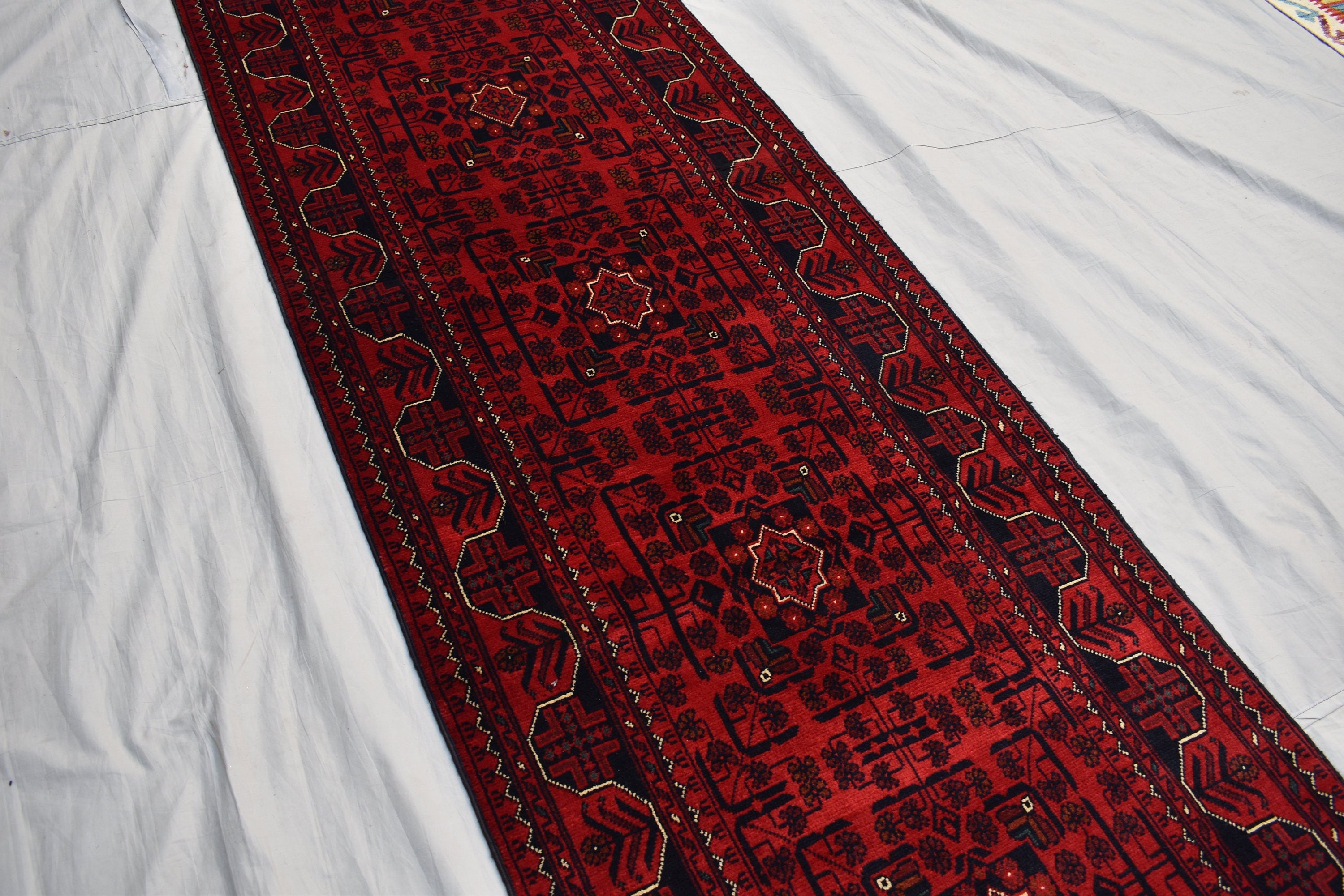 16ft Afghan Khal Mohammadi Runner – Handwoven Wool Turkmen Khamiyab Bokhara Rug, Long Oriental Hallway Runner, Vintage Red Carpet, Events