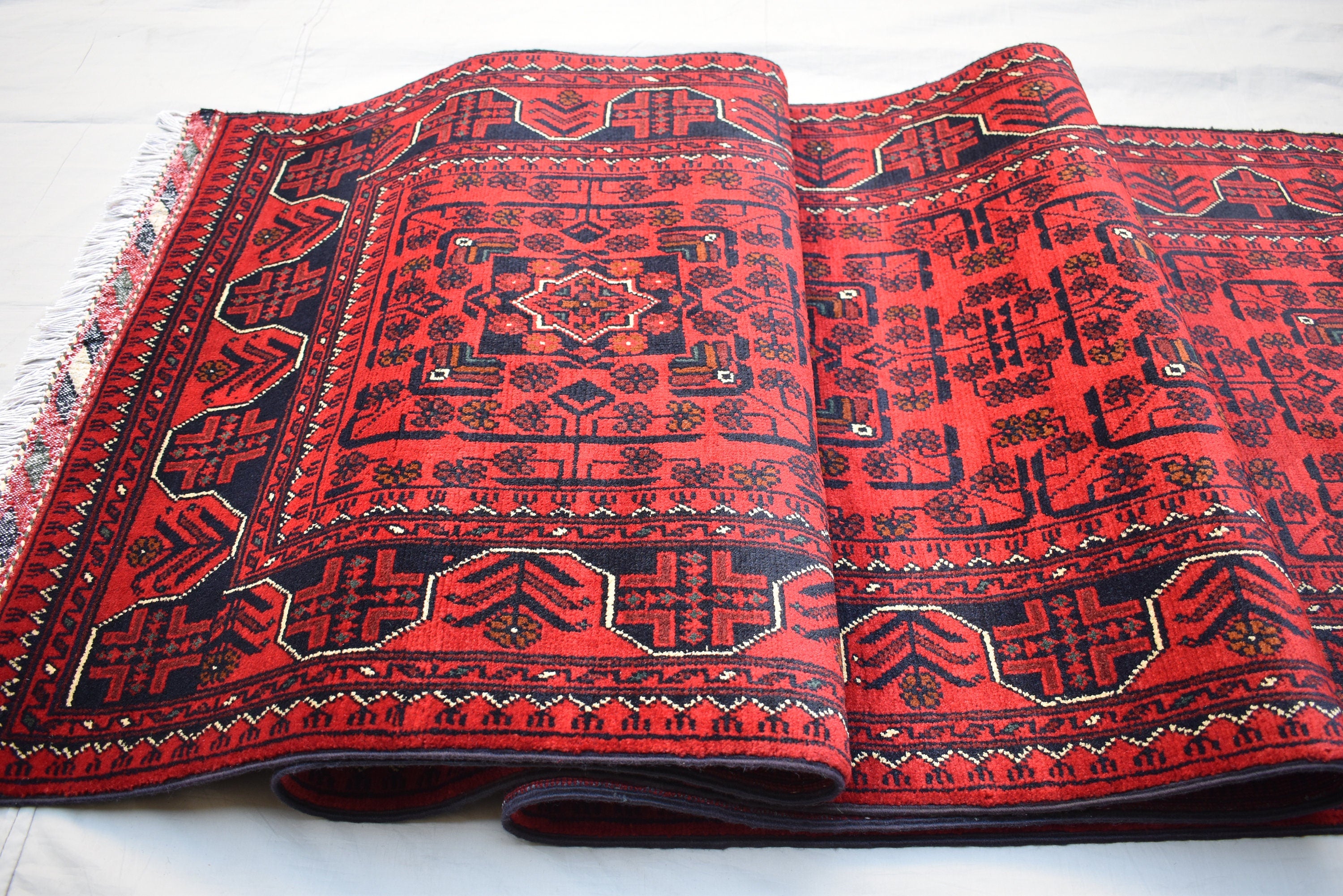 16ft Afghan Khal Mohammadi Runner – Handwoven Wool Turkmen Khamiyab Bokhara Rug, Long Oriental Hallway Runner, Vintage Red Carpet, Events