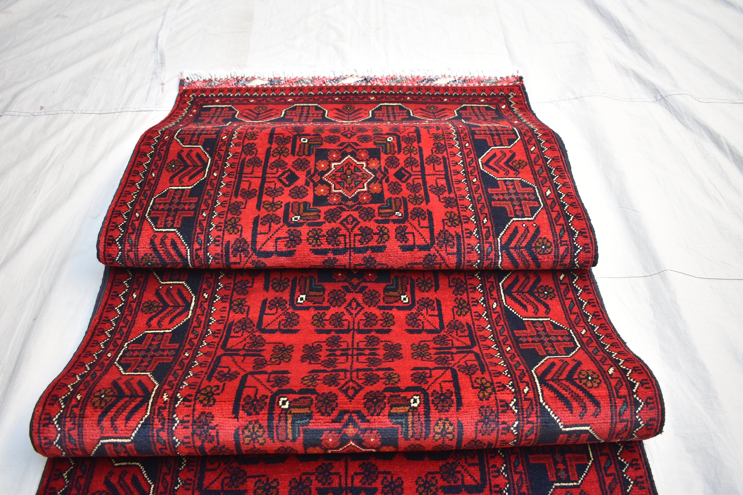 16ft Afghan Khal Mohammadi Runner – Handwoven Wool Turkmen Khamiyab Bokhara Rug, Long Oriental Hallway Runner, Vintage Red Carpet, Events