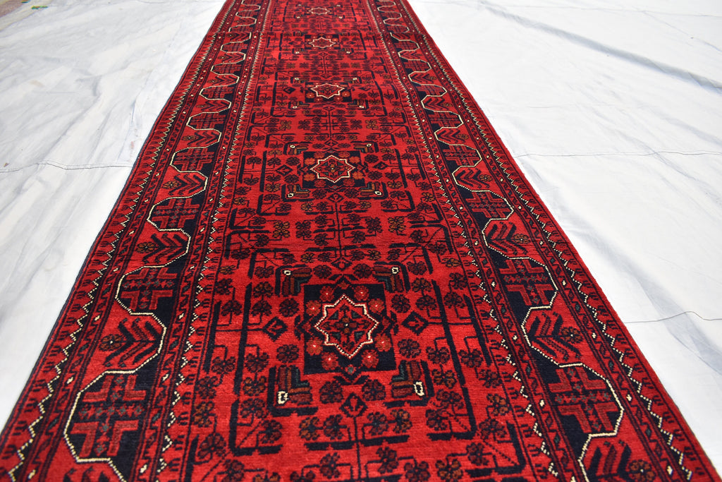 3x16 ft Handmade Hallway Runner Rug, Afghan Tribal Bukhara Deep Red Corridor Carpet