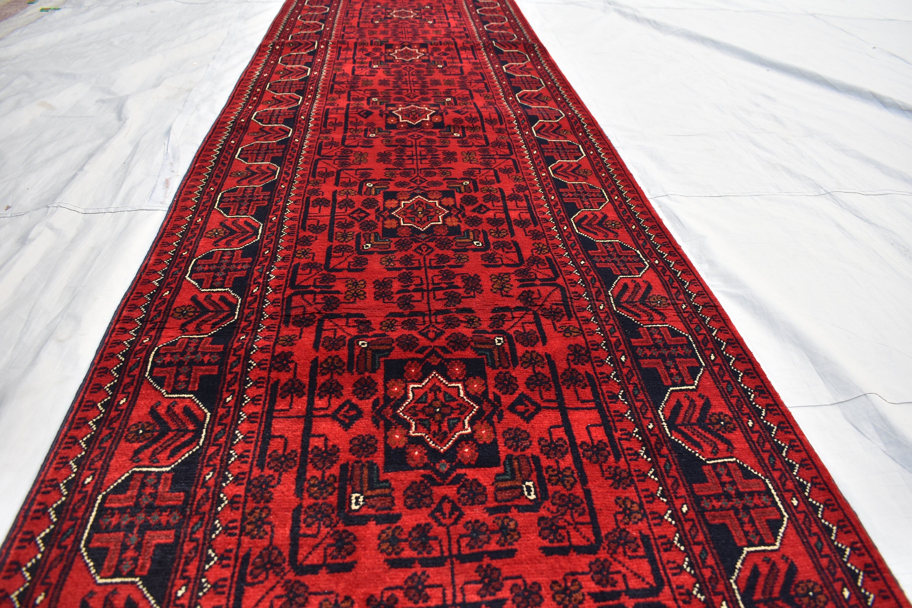 3x16 ft Handmade Hallway Runner Rug, Afghan Tribal Bukhara Deep Red Corridor Carpet