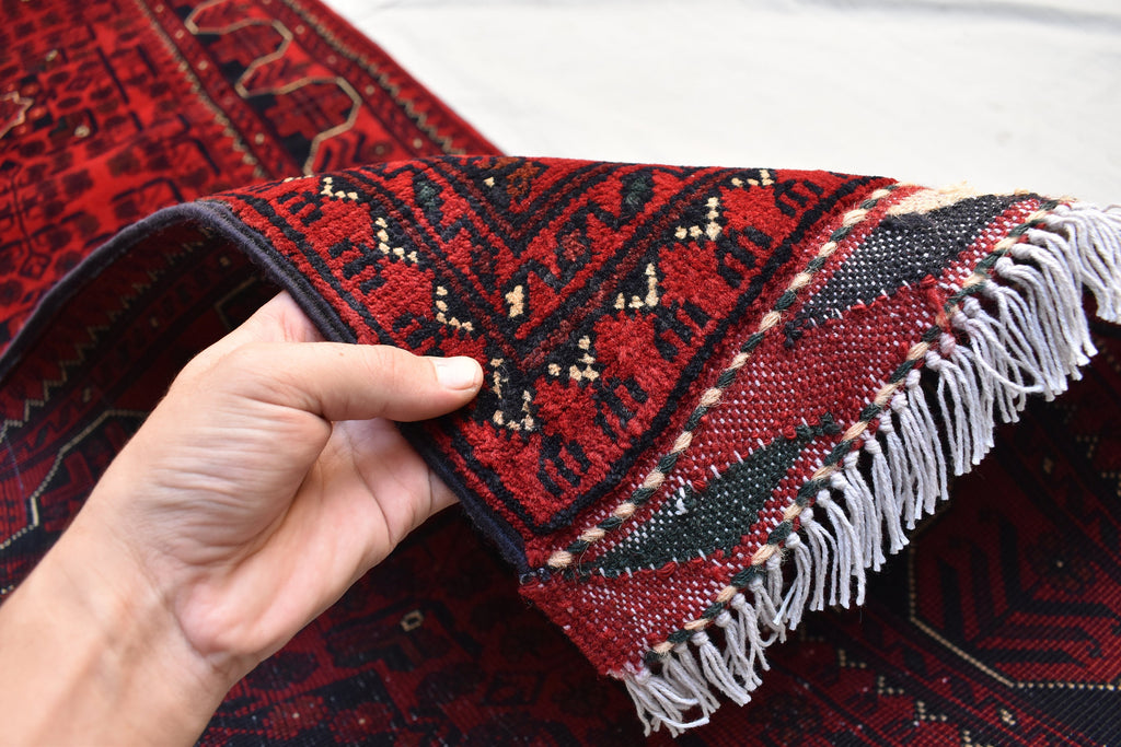 3x16 ft Handmade Hallway Runner Rug, Afghan Tribal Bukhara Deep Red Corridor Carpet