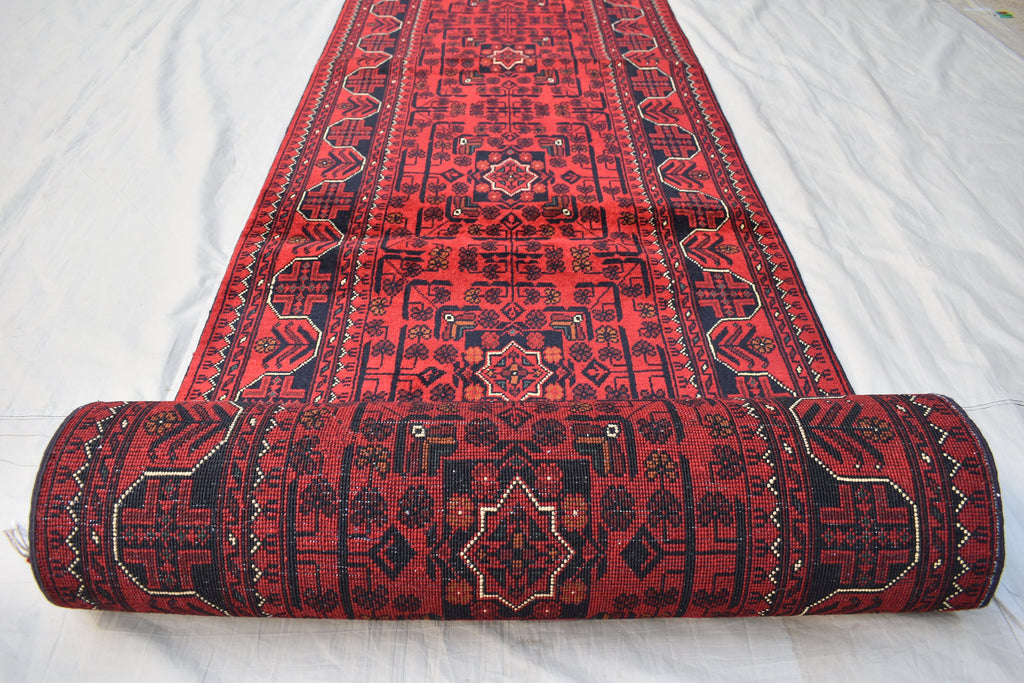 3x16 ft Handmade Hallway Runner Rug, Afghan Tribal Bukhara Deep Red Corridor Carpet