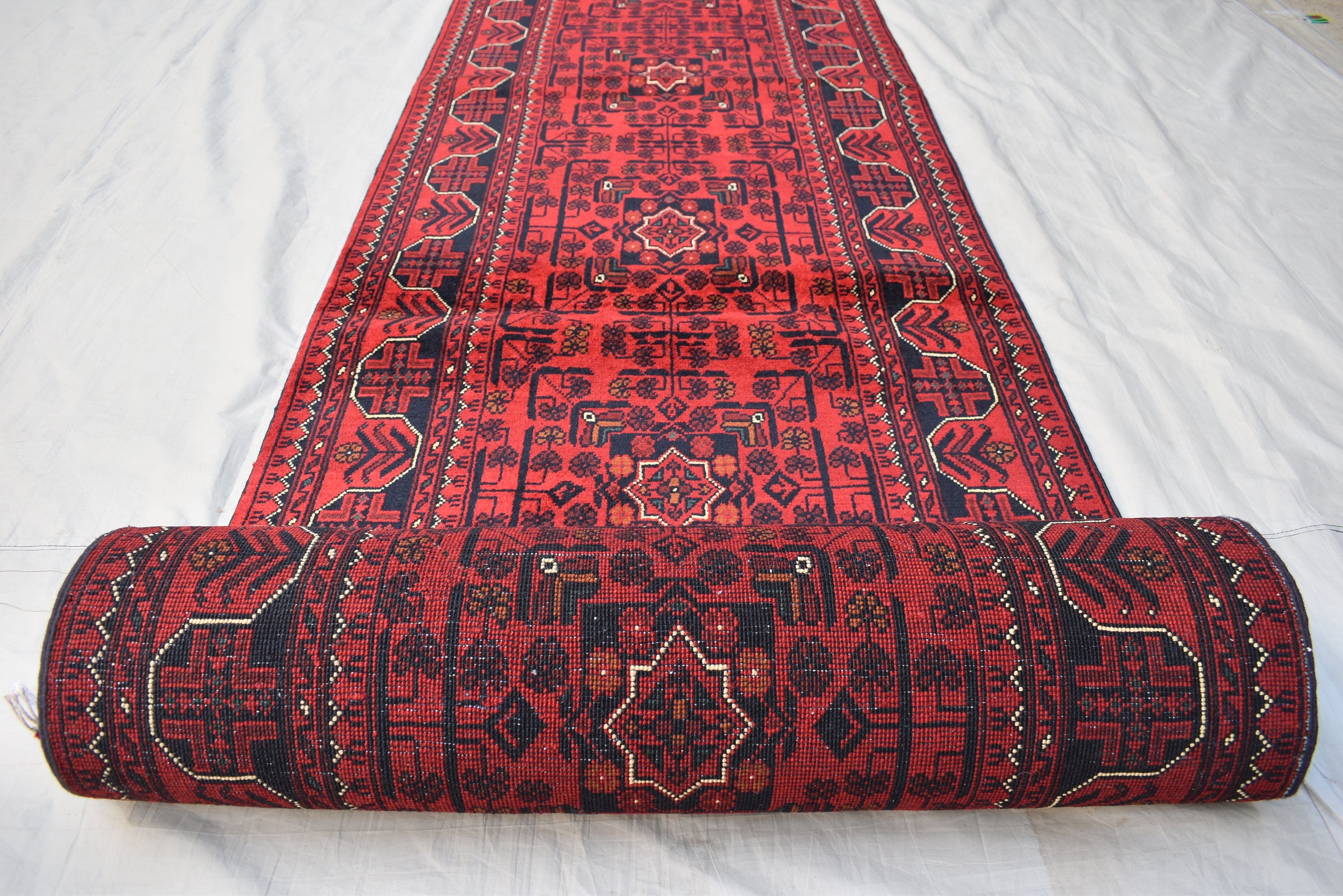 3x16 ft Handmade Hallway Runner Rug, Afghan Tribal Bukhara Deep Red Corridor Carpet