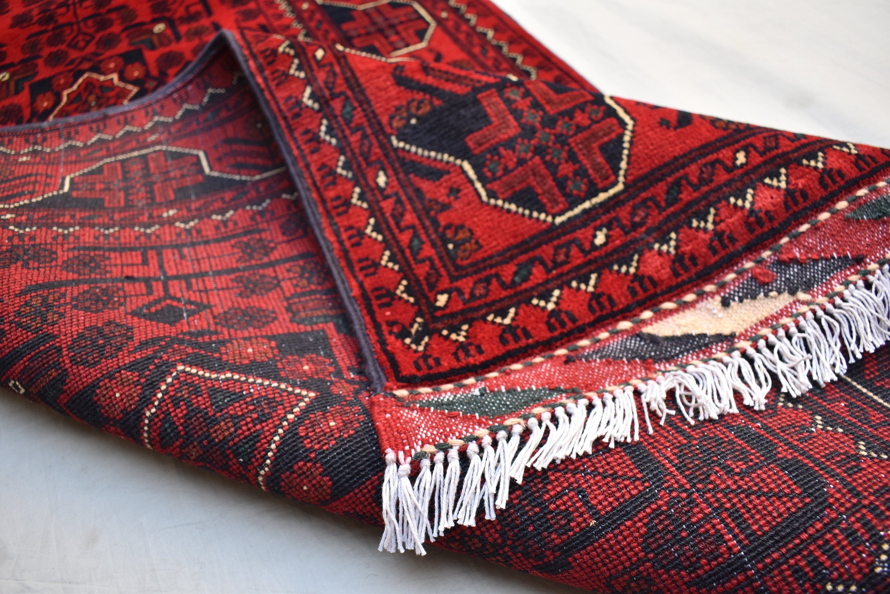 3x16 ft Handmade Hallway Runner Rug, Afghan Tribal Bukhara Deep Red Corridor Carpet