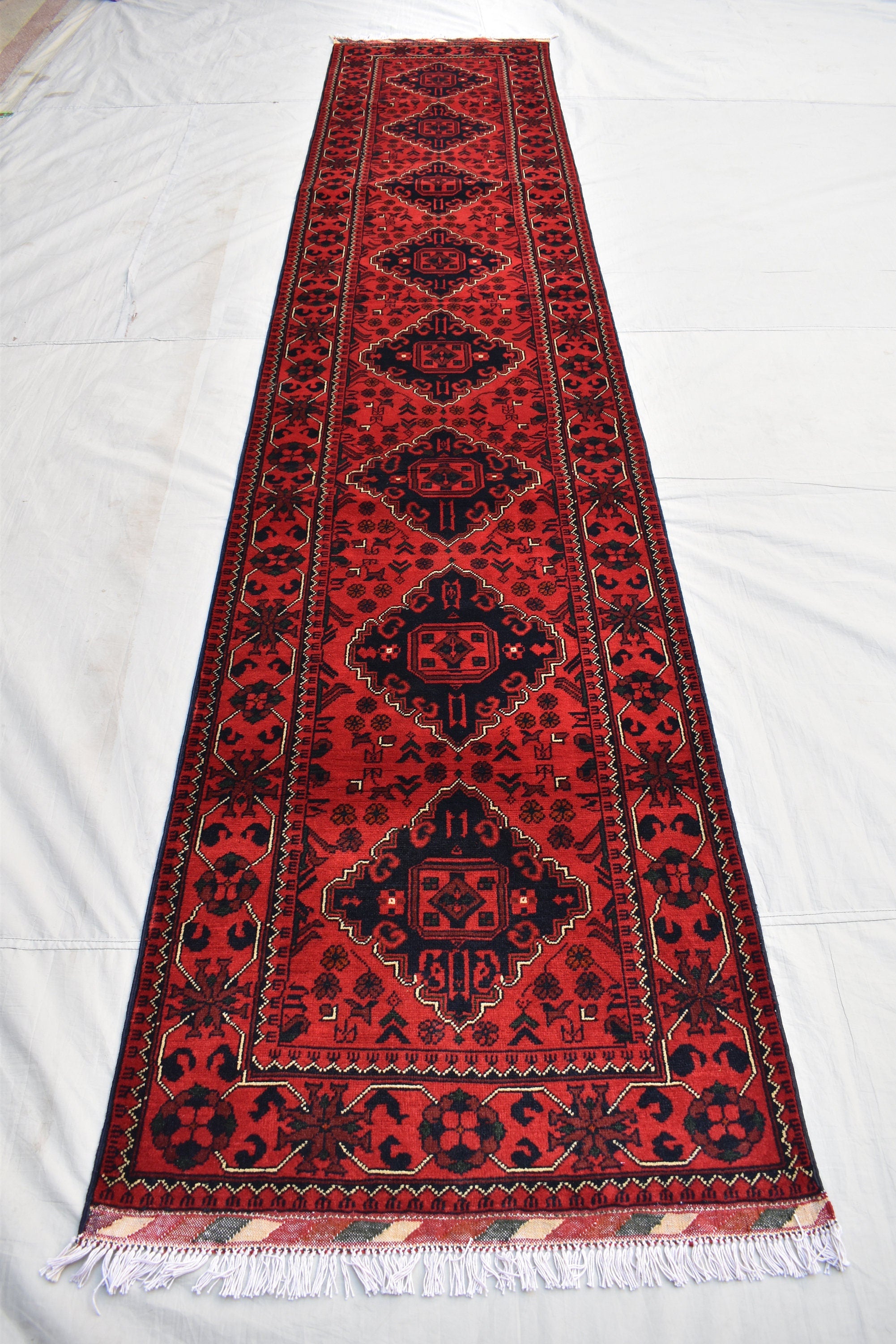 3x13Ft, Red Turkmen Wedding Runner Rug – Afghan Wool Hallway Runner | Handmade Khamiyab Bokhara Rug for Aisle, Event, or Home Decor 394x78cm