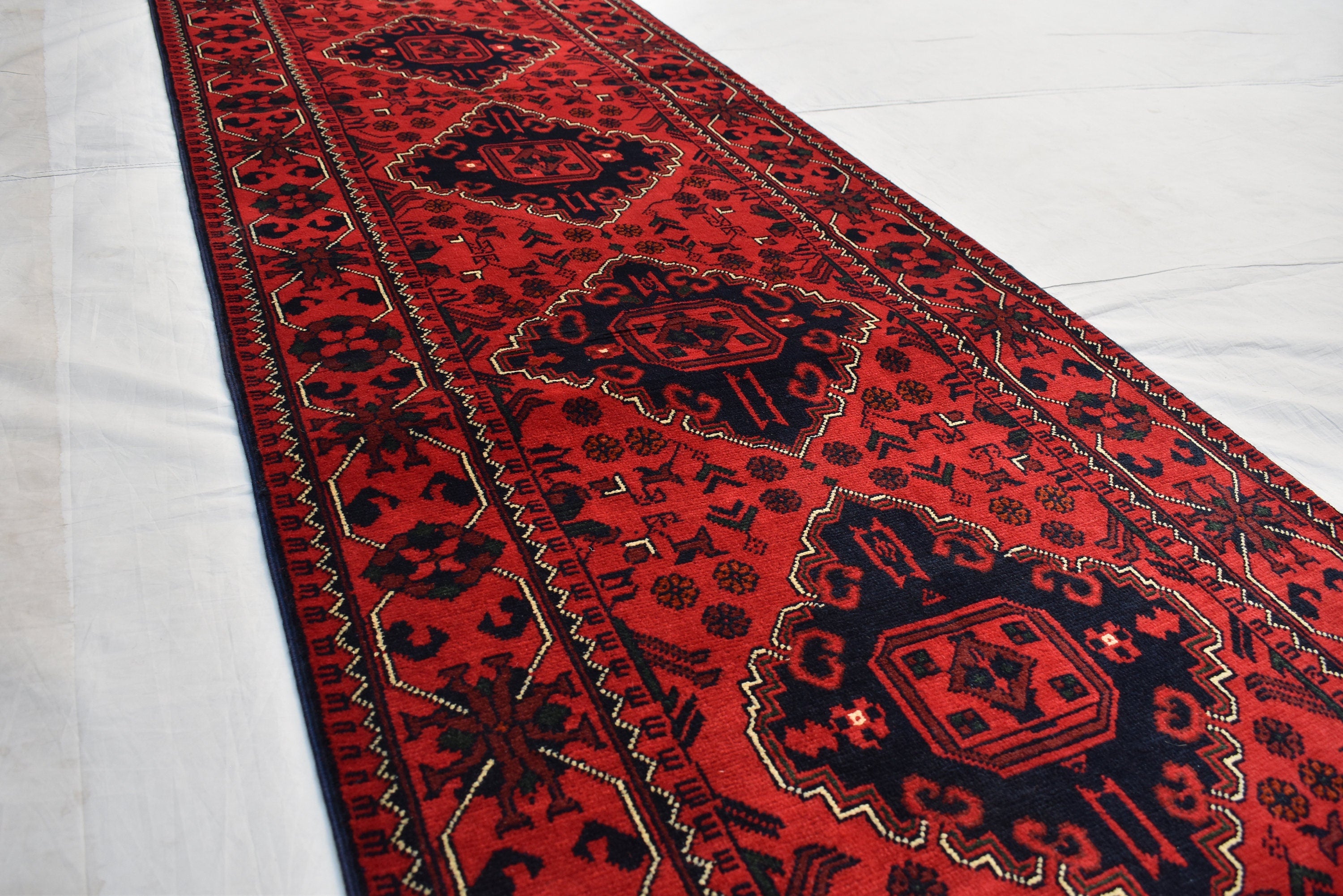 3x13Ft, Red Turkmen Wedding Runner Rug – Afghan Wool Hallway Runner | Handmade Khamiyab Bokhara Rug for Aisle, Event, or Home Decor 394x78cm