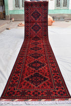 3x13Ft, Red Turkmen Wedding Runner Rug – Afghan Wool Hallway Runner | Handmade Khamiyab Bokhara Rug for Aisle, Event, or Home Decor 394x78cm