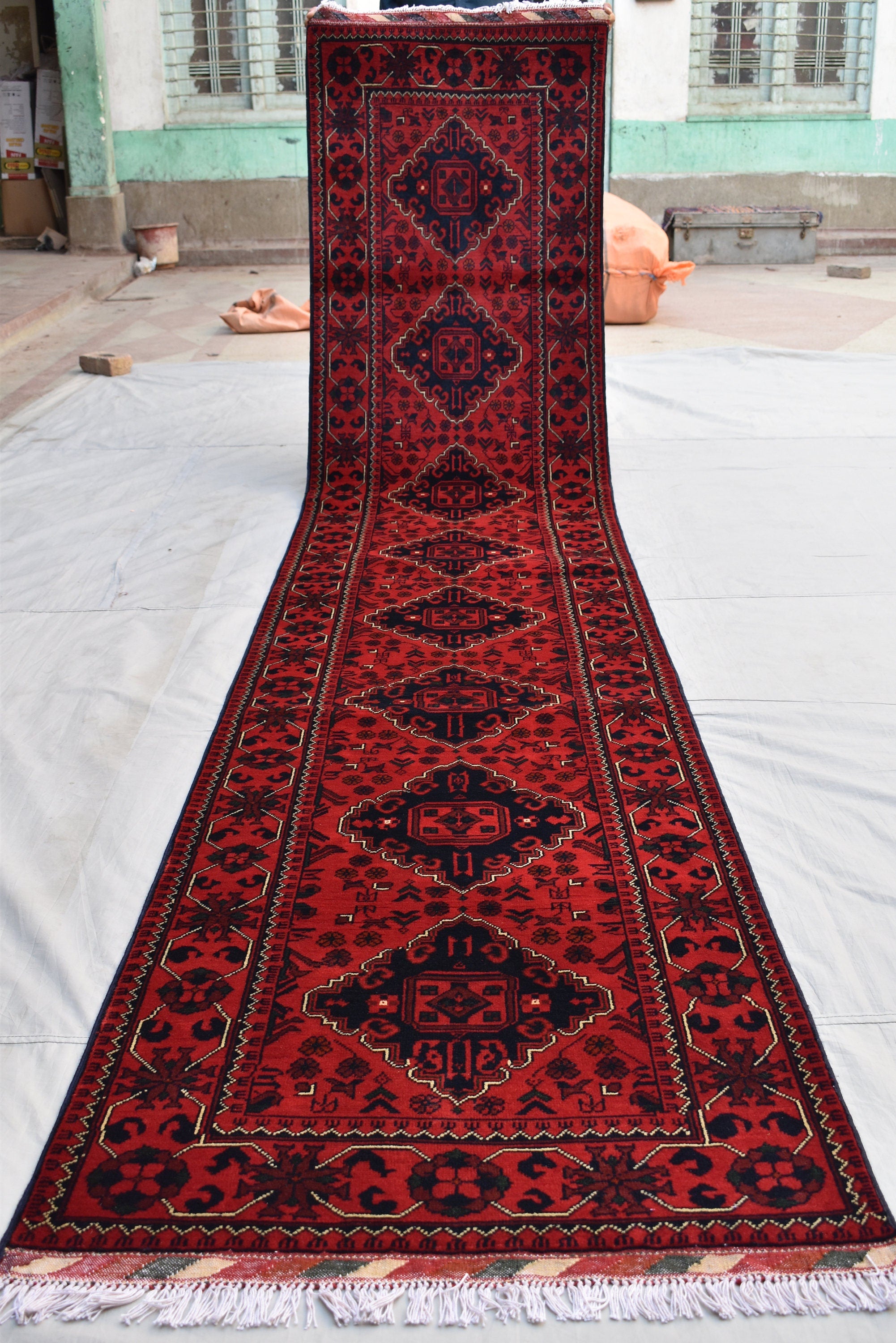 3x13Ft, Red Turkmen Wedding Runner Rug – Afghan Wool Hallway Runner | Handmade Khamiyab Bokhara Rug for Aisle, Event, or Home Decor 394x78cm