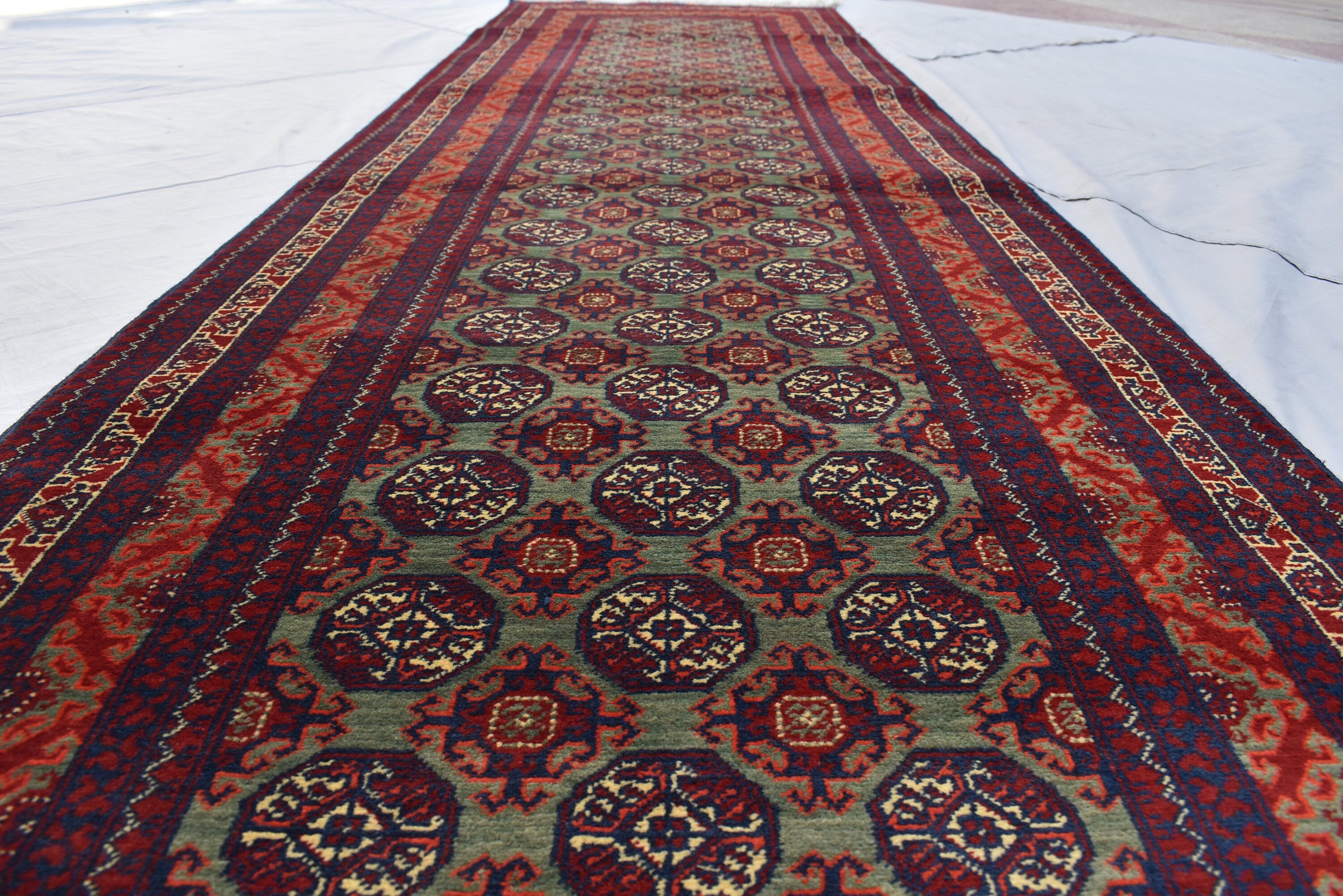 12.11x2.11 Afghan Turkmen Bukhara Runner Rug Handmade, Hallway Runner, Oriental Runner, Entryway Rug, Corridor Runner