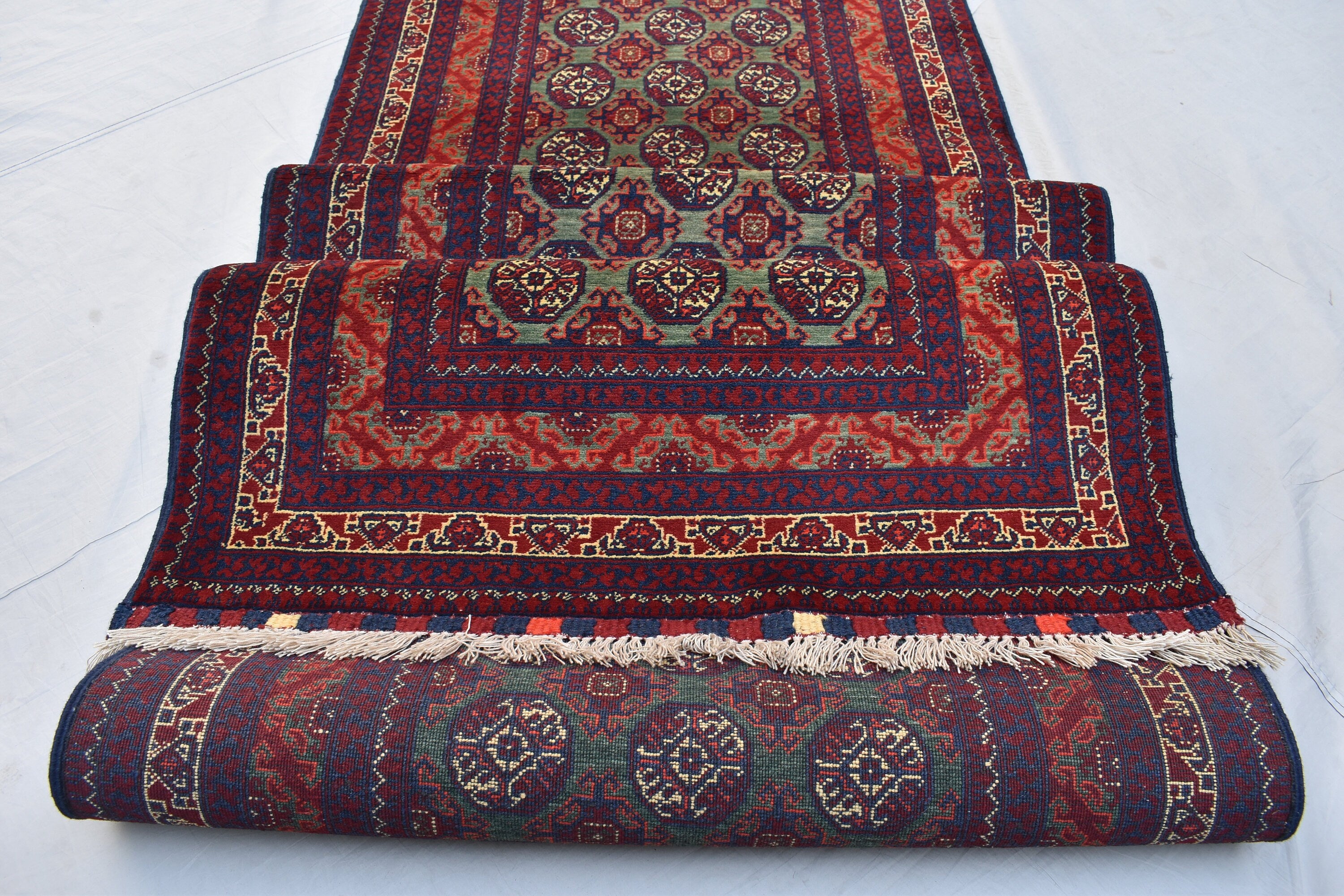 12.11x2.11 Afghan Turkmen Bukhara Runner Rug Handmade, Hallway Runner, Oriental Runner, Entryway Rug, Corridor Runner