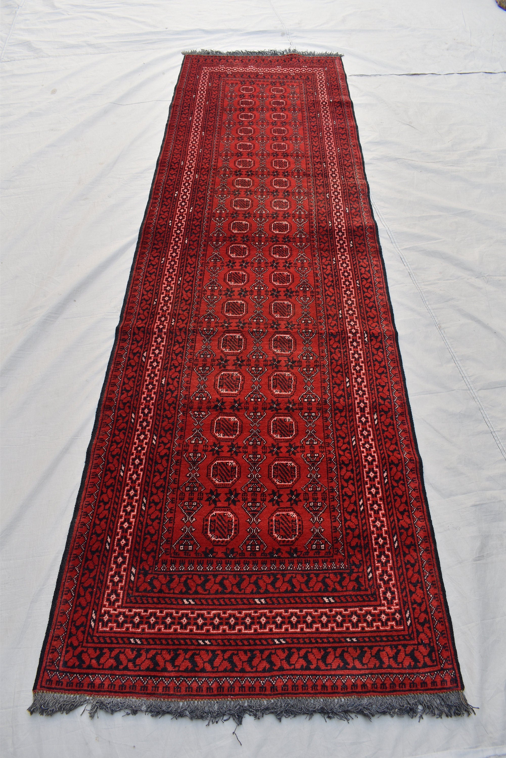 3x9 Vintage Afghan Waziri Runner Rug, Turkmen Handwoven Wool Tribal Hallway Carpet, Red Geometric Oriental Runner, Boho Home Decor 281x76cm