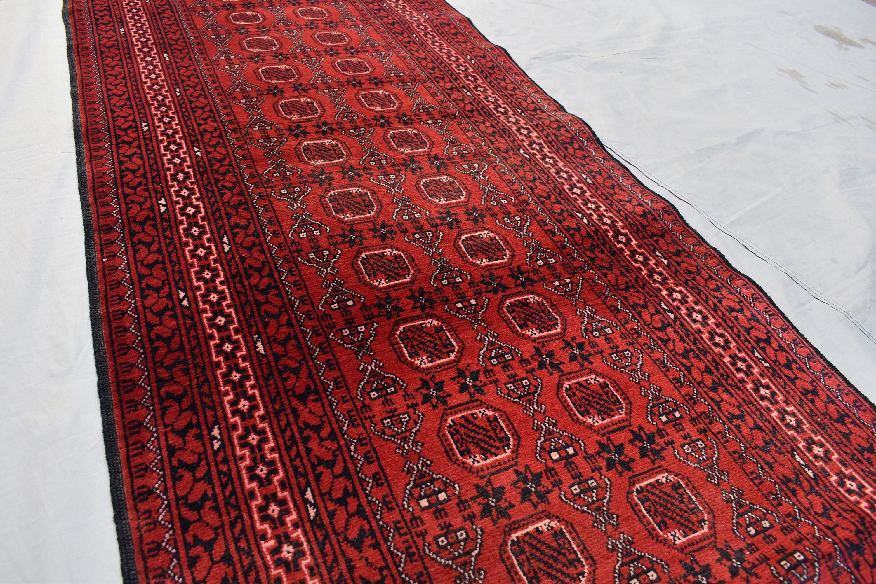 3x9 Vintage Afghan Waziri Runner Rug, Turkmen Handwoven Wool Tribal Hallway Carpet, Red Geometric Oriental Runner, Boho Home Decor 281x76cm