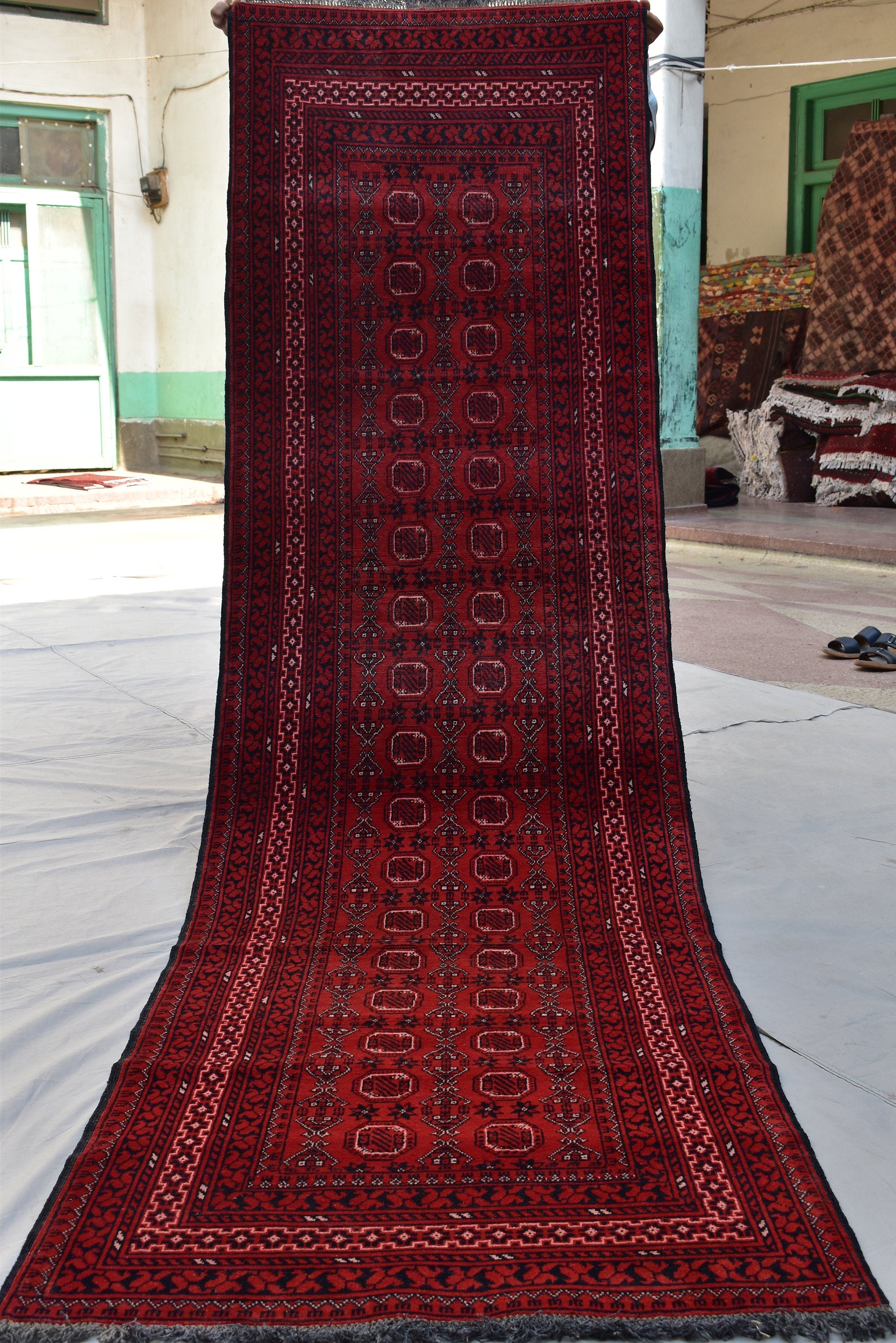 3x9 Vintage Afghan Waziri Runner Rug, Turkmen Handwoven Wool Tribal Hallway Carpet, Red Geometric Oriental Runner, Boho Home Decor 281x76cm