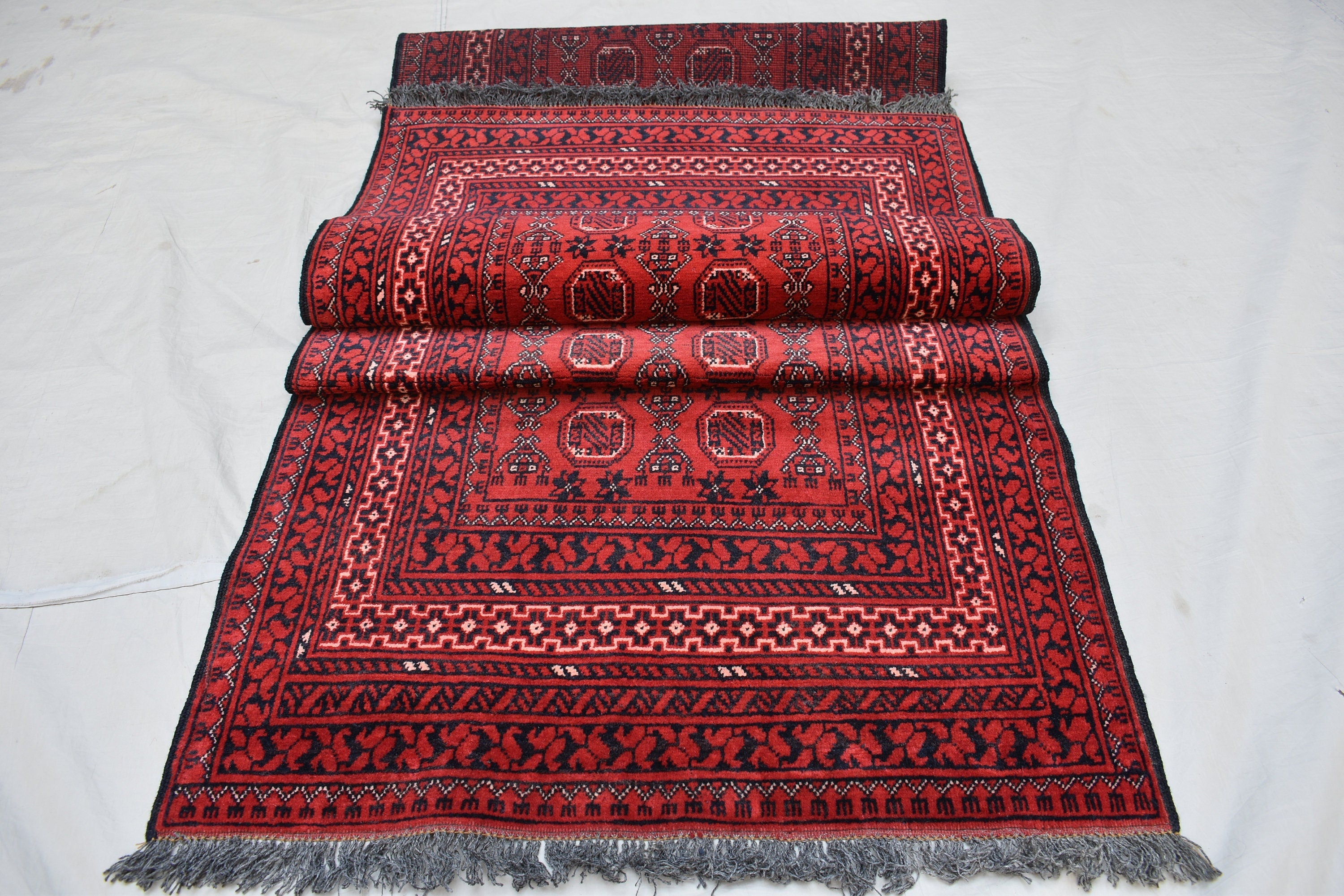 3x9 Vintage Afghan Waziri Runner Rug, Turkmen Handwoven Wool Tribal Hallway Carpet, Red Geometric Oriental Runner, Boho Home Decor 281x76cm