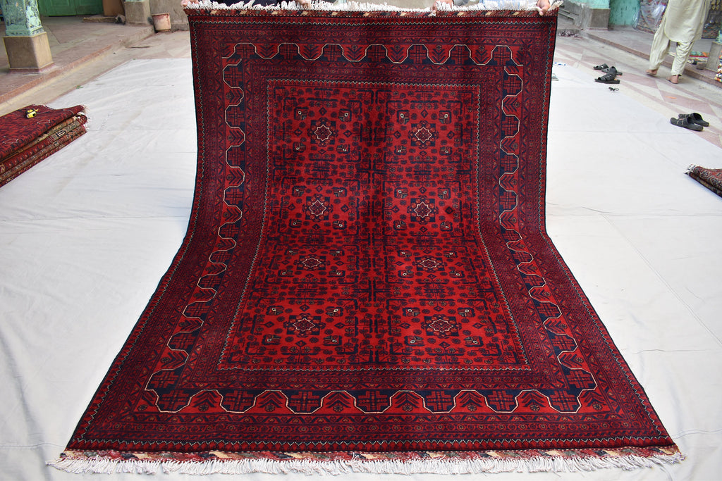 6x8Ft, Handmade Afghan Bukhara Rug | Khal Mohammadi Area Rug | Oriental Wool Rug | Traditional Turkmen Carpet | Red Tribal Afghan Rug