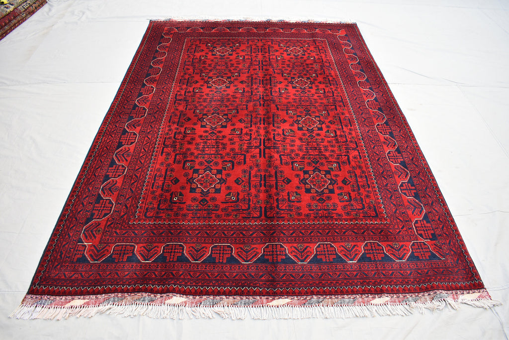 6x8 Afghan Bukhara Rug, Turkmen Geometric Red Wool Area Carpet, Boho Home Decor, Rug for Living Room, Bedroom Rug, Rustic Home decor