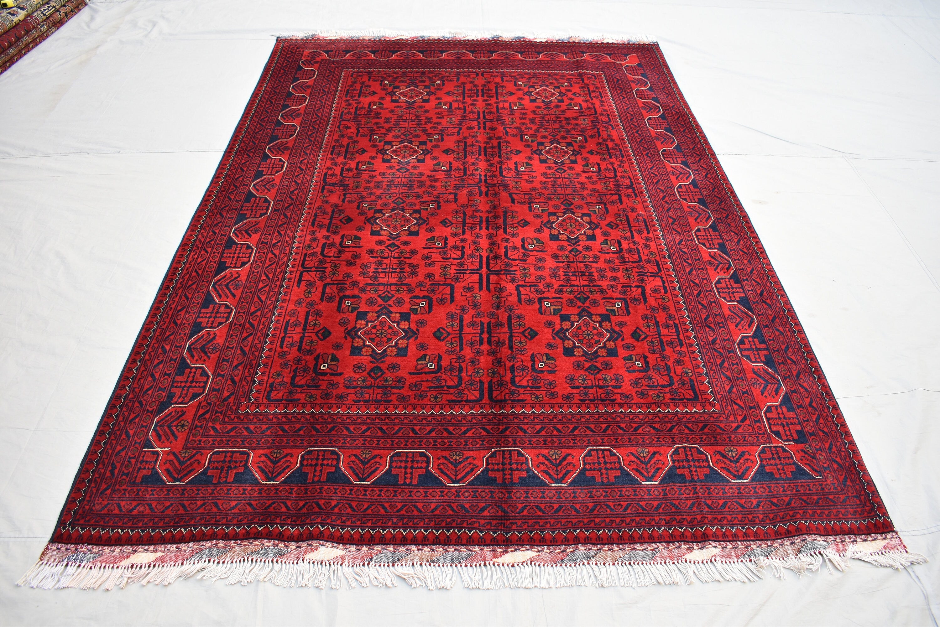 6x8 Afghan Bukhara Rug, Turkmen Geometric Red Wool Area Carpet, Boho Home Decor, Rug for Living Room, Bedroom Rug, Rustic Home decor
