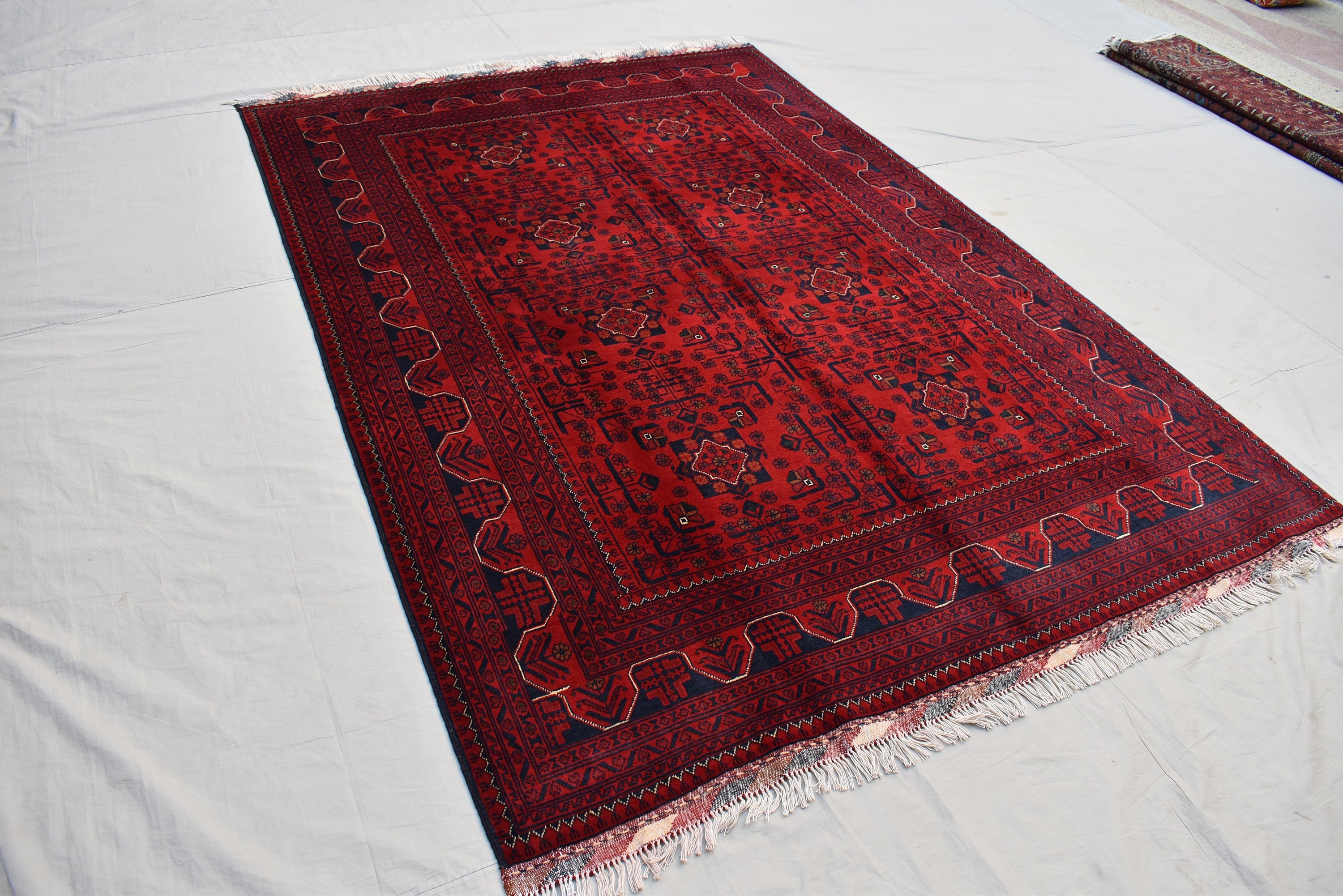 6x8 Afghan Bukhara Rug, Turkmen Geometric Red Wool Area Carpet, Boho Home Decor, Rug for Living Room, Bedroom Rug, Rustic Home decor