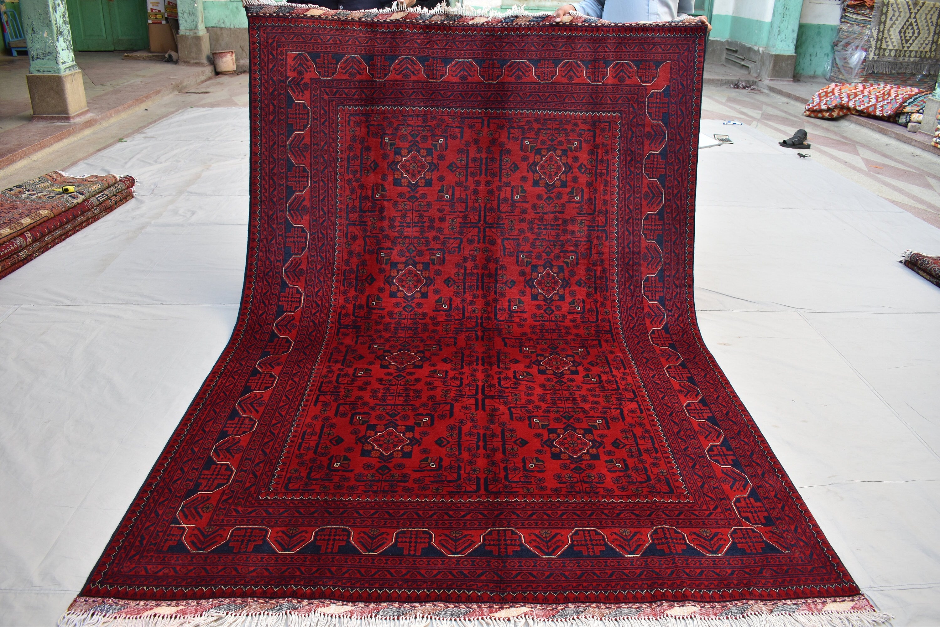 6x8 Afghan Bukhara Rug, Turkmen Geometric Red Wool Area Carpet, Boho Home Decor, Rug for Living Room, Bedroom Rug, Rustic Home decor