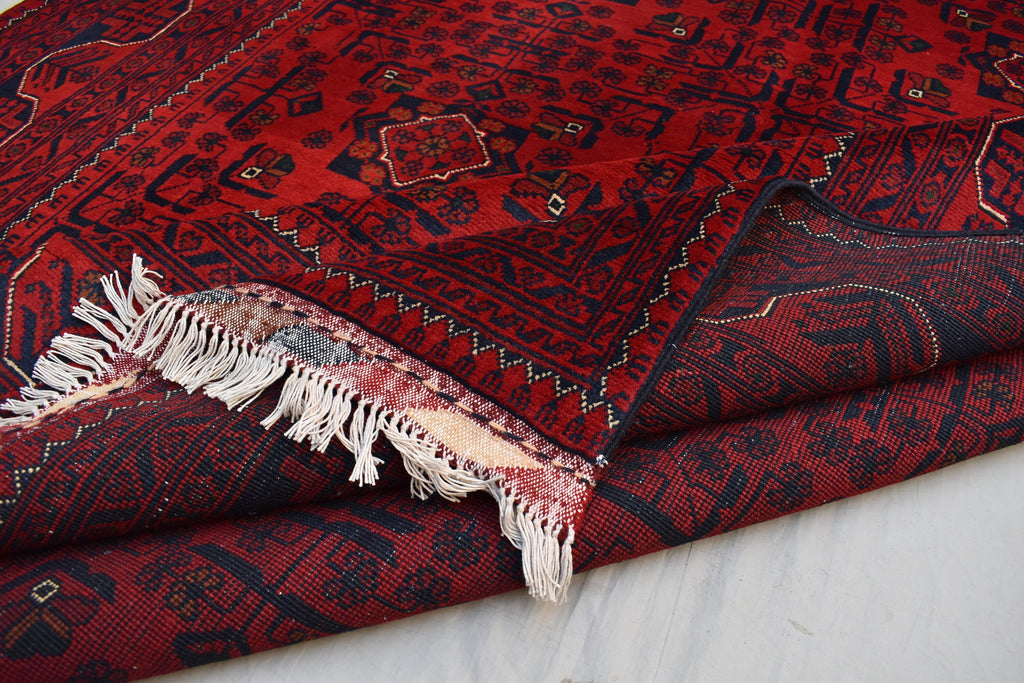 6x8 Afghan Bukhara Rug, Turkmen Geometric Red Wool Area Carpet, Boho Home Decor, Rug for Living Room, Bedroom Rug, Rustic Home decor