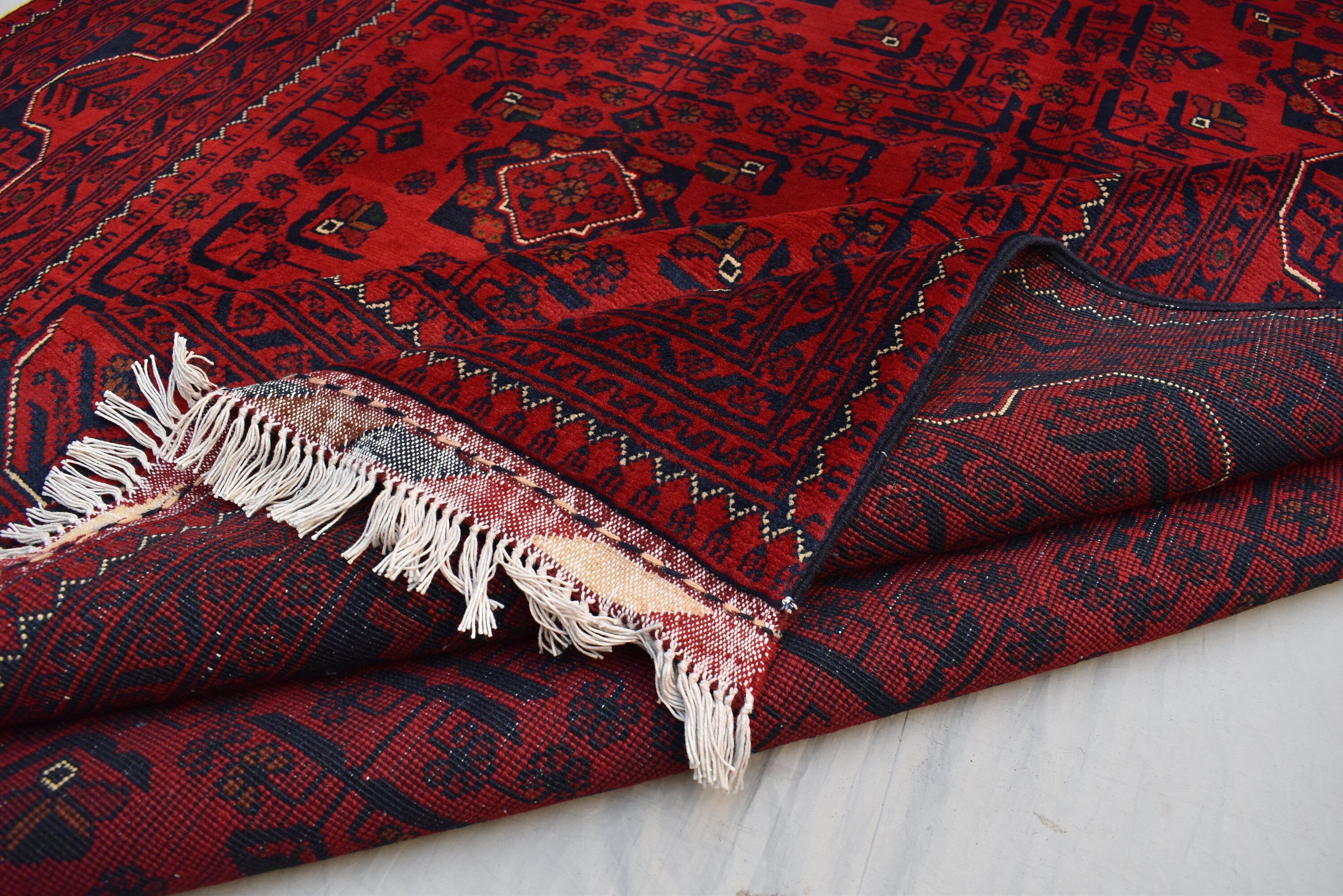 6x8 Afghan Bukhara Rug, Turkmen Geometric Red Wool Area Carpet, Boho Home Decor, Rug for Living Room, Bedroom Rug, Rustic Home decor