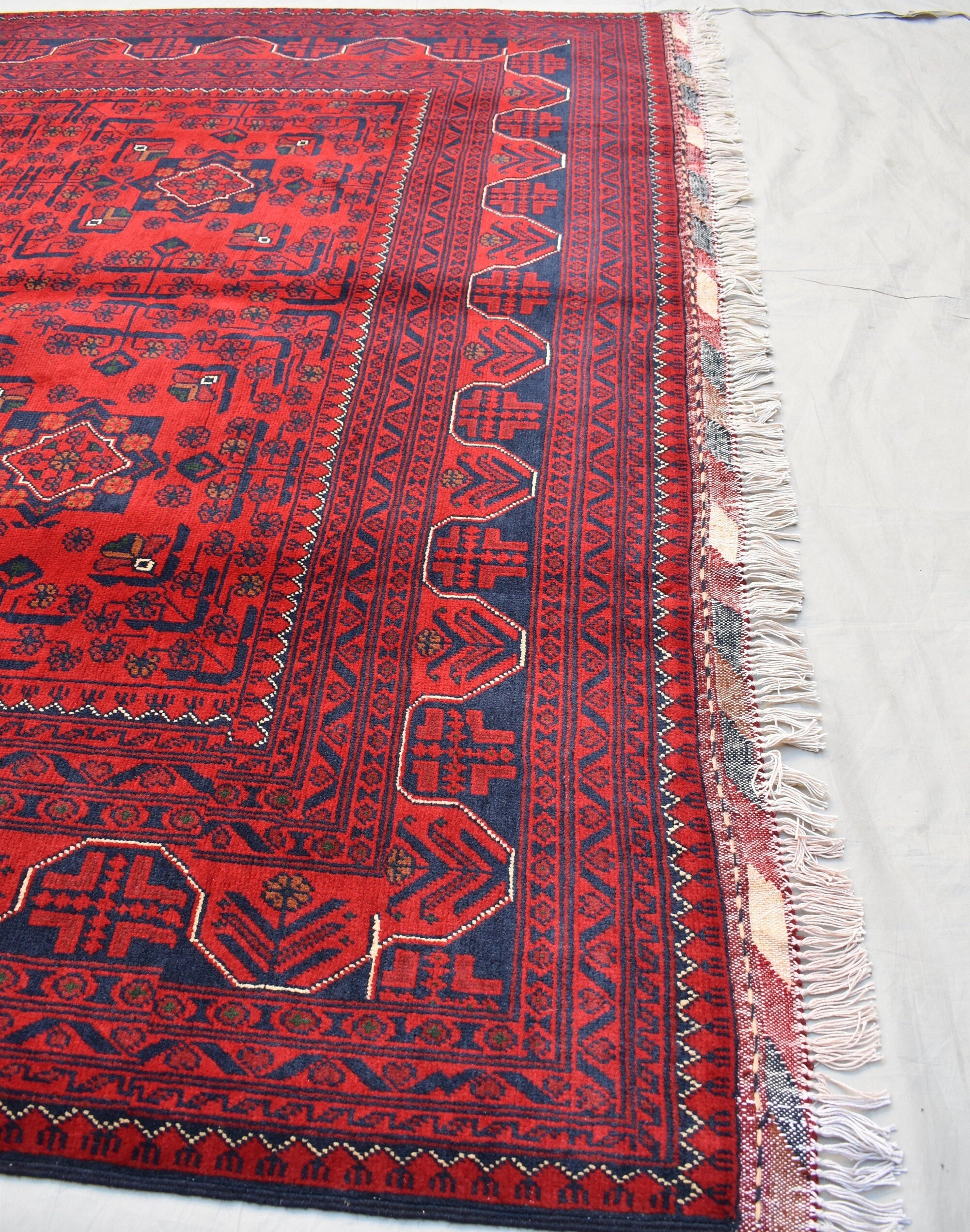 6x8 Afghan Bukhara Rug, Turkmen Geometric Red Wool Area Carpet, Boho Home Decor, Rug for Living Room, Bedroom Rug, Rustic Home decor