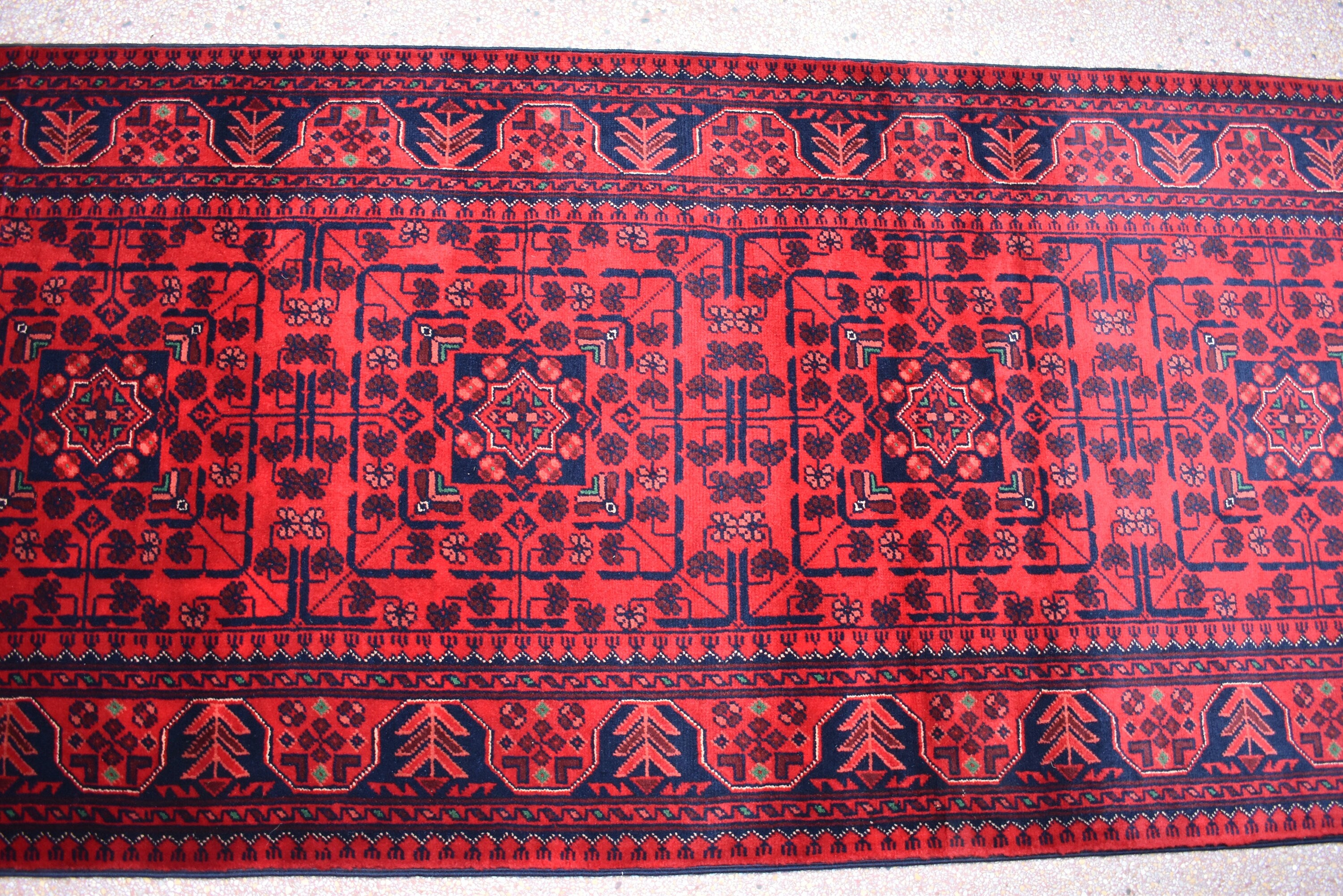 32 ft Long Afghan Bukhara Runner Rug Handwoven Wool, Rich Red & Blue Traditional Carpet, Boho Home Decor, Long Hallway Runner, Entryway Rug