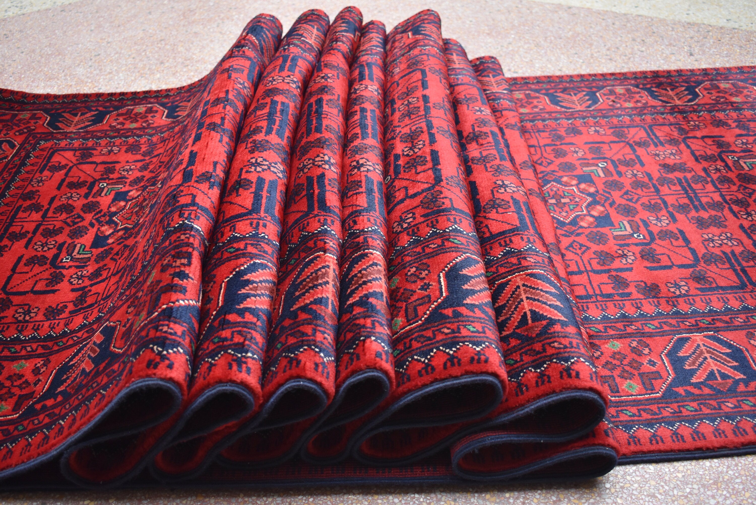 32 ft Long Afghan Bukhara Runner Rug Handwoven Wool, Rich Red & Blue Traditional Carpet, Boho Home Decor, Long Hallway Runner, Entryway Rug